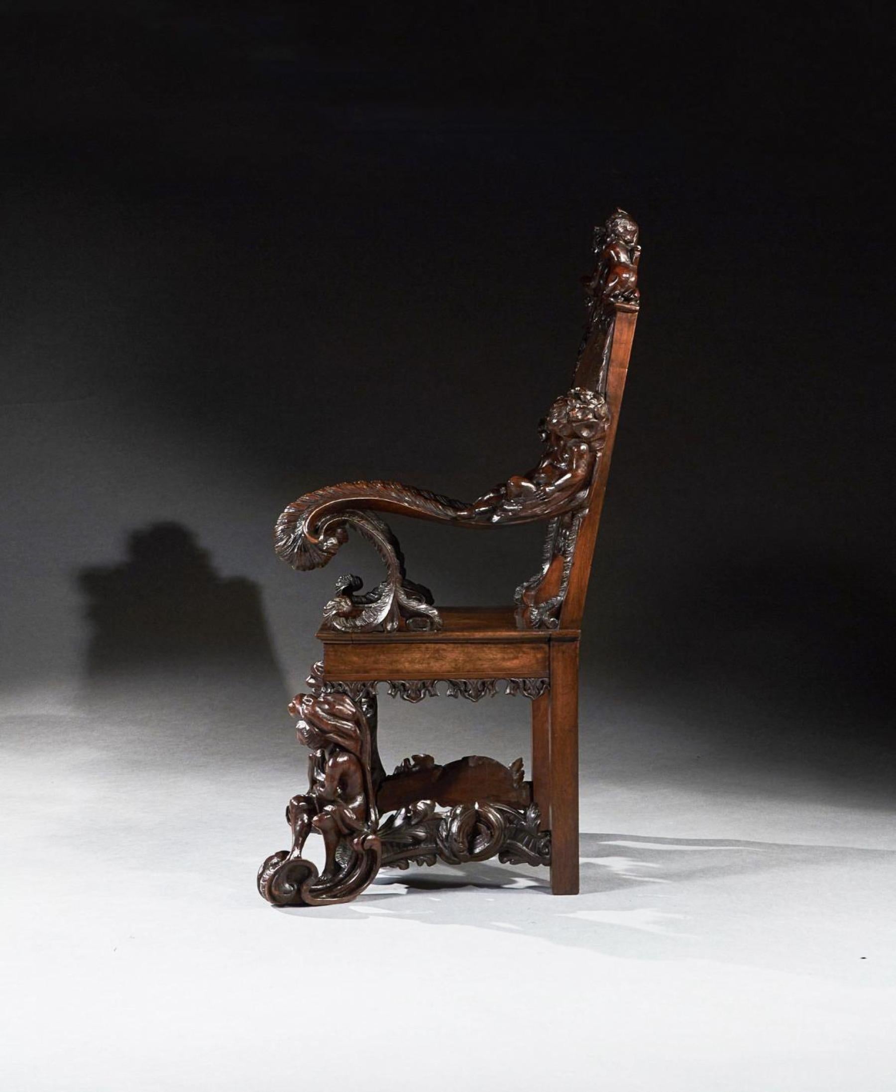 Fauteuil italien du 19ème siècle en noyer sculpté de qualité exposition, d'après Andrea B Bon état - En vente à Benington, Herts