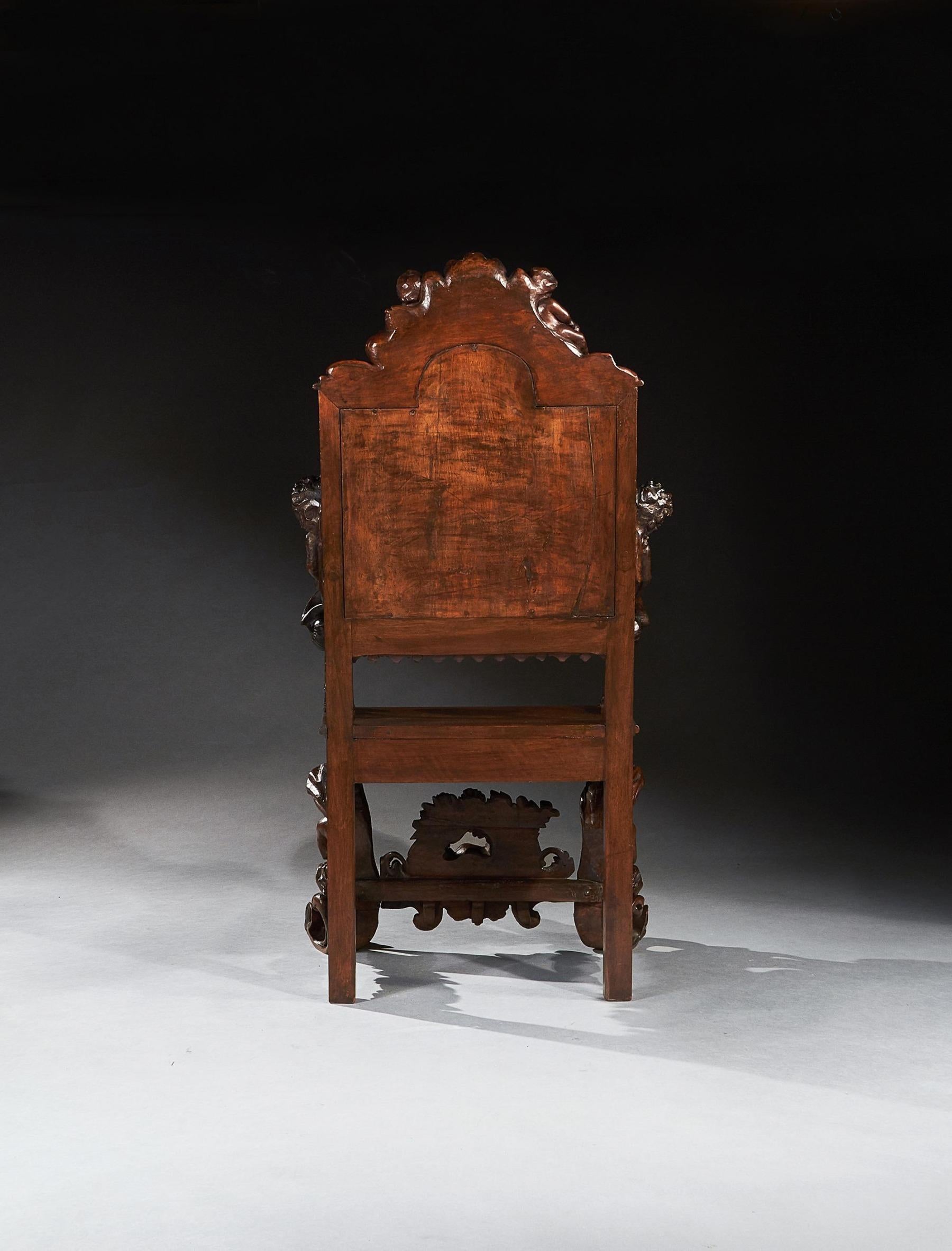 Mid-19th Century Exhibition Quality Italian 19th Century Carved Walnut Armchair After Andrea B For Sale