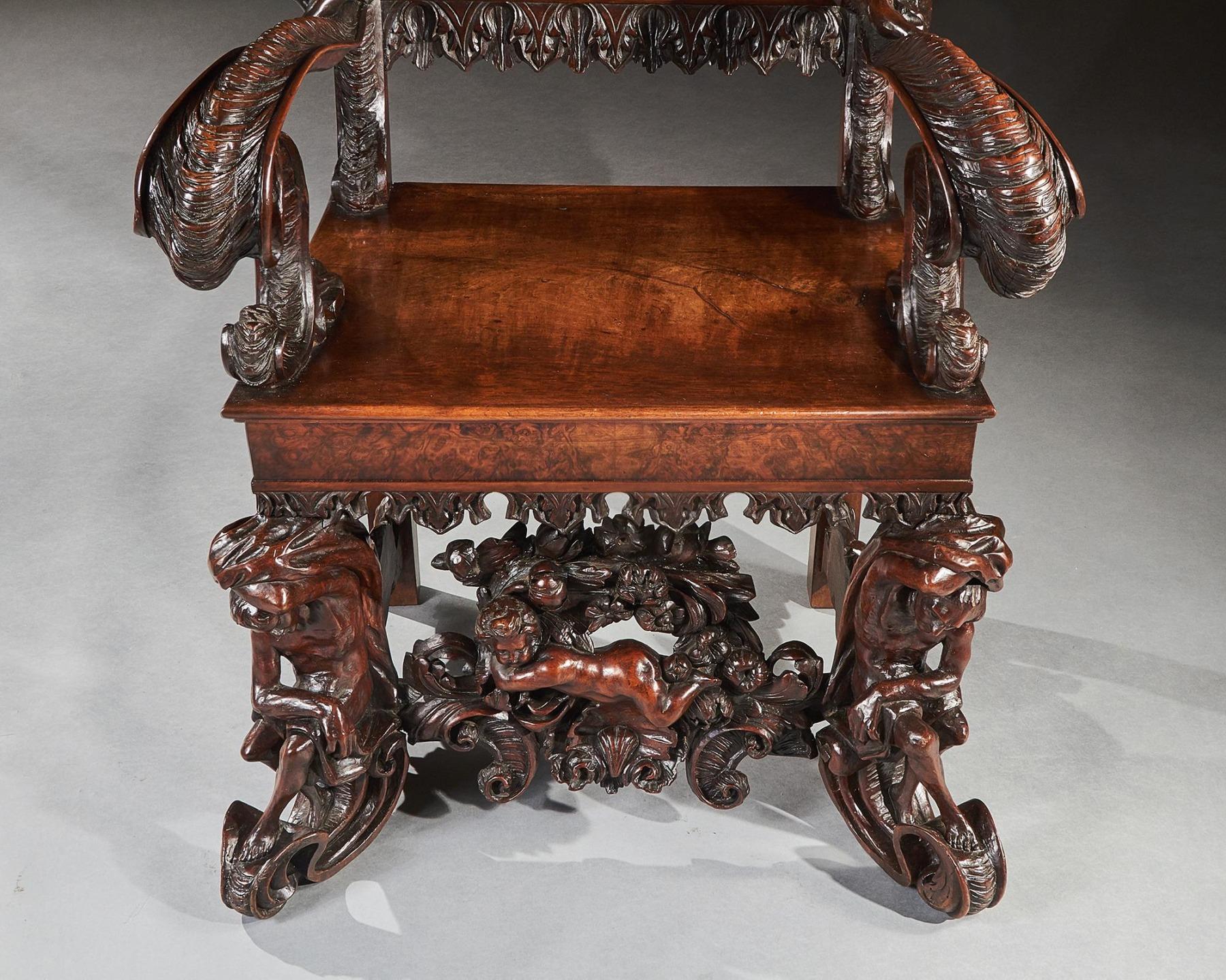 Exhibition Quality Italian 19th Century Carved Walnut Armchair After Andrea B For Sale 3
