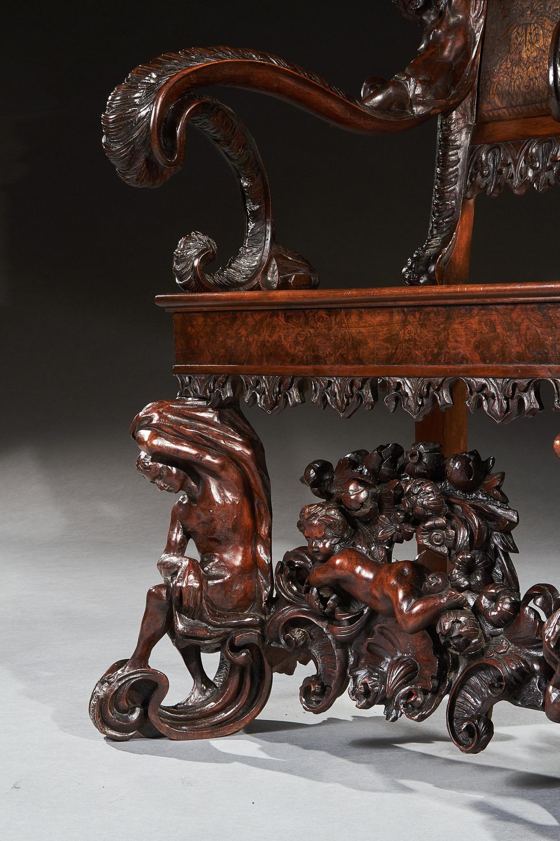 Exhibition Quality Italian 19th Century Carved Walnut Armchair After Andrea B For Sale 5