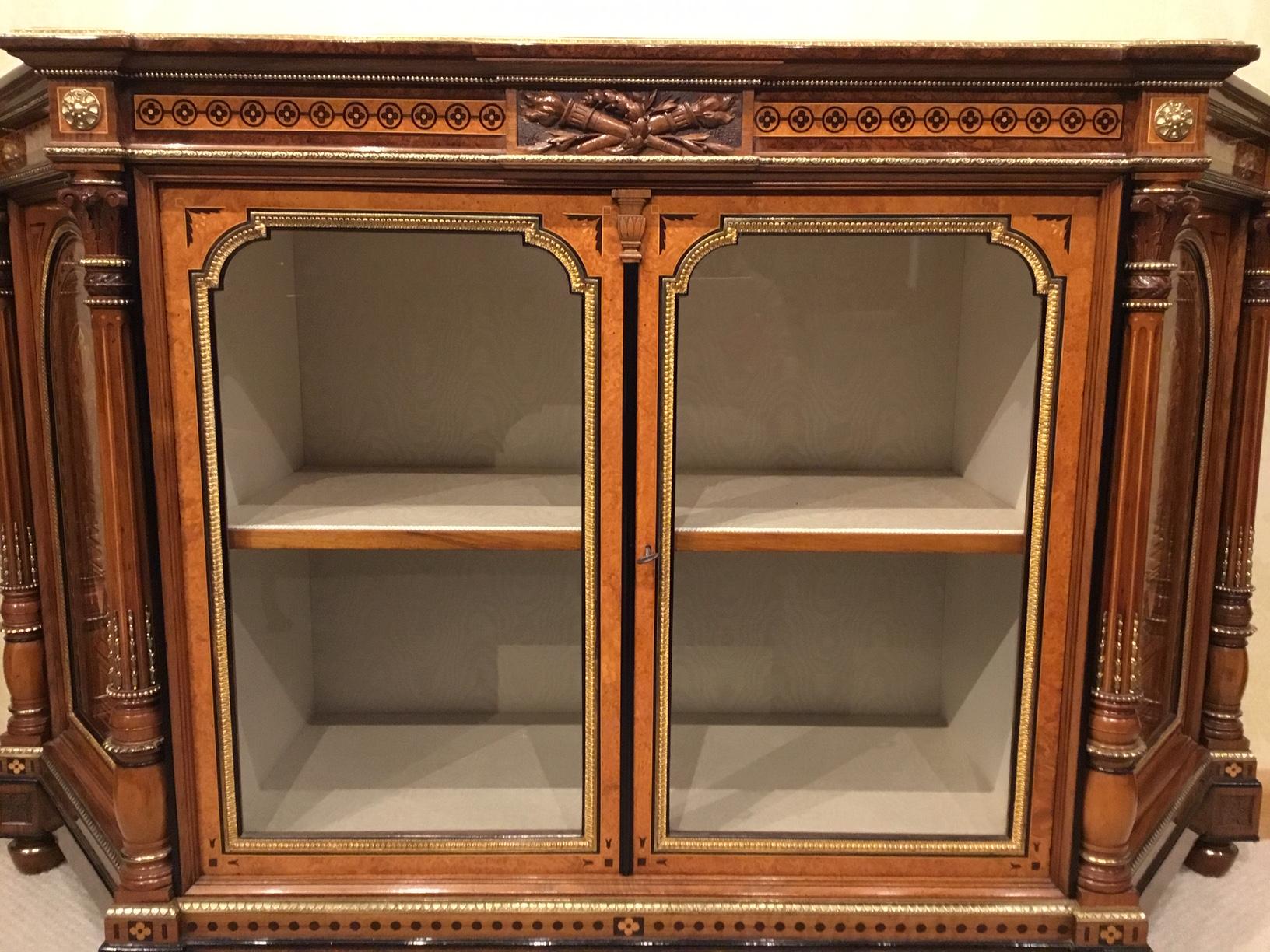 Exhibition Quality Victorian Burr Walnut, Amboyna and Ormolu Side Cabinet For Sale 14