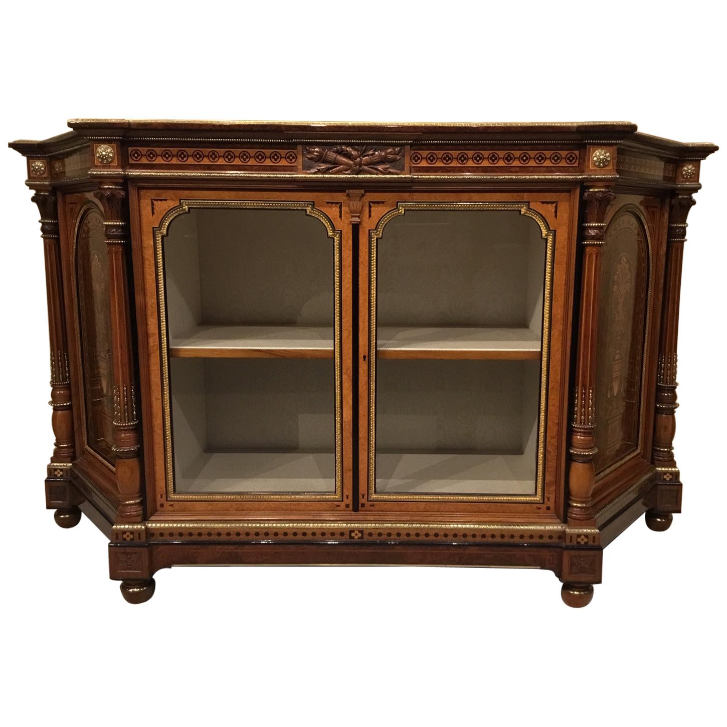 Exhibition Quality Victorian Burr Walnut, Amboyna and Ormolu Side Cabinet For Sale
