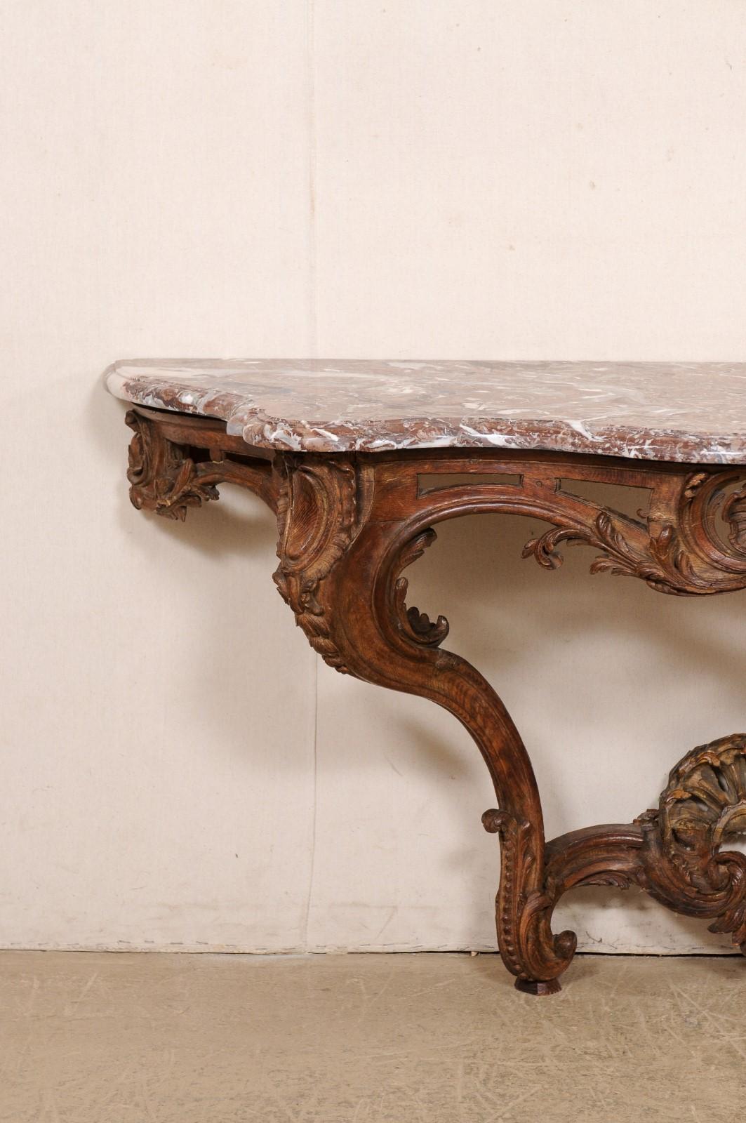 An Exquisite 18th C. French Rococo Serpentine Wall Console w/Marble Top In Good Condition For Sale In Atlanta, GA
