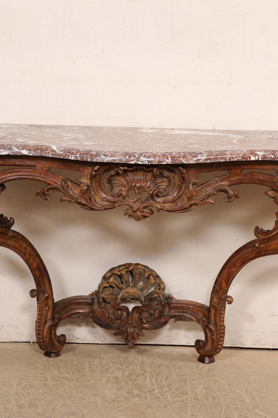 18th Century An Exquisite 18th C. French Rococo Serpentine Wall Console w/Marble Top For Sale