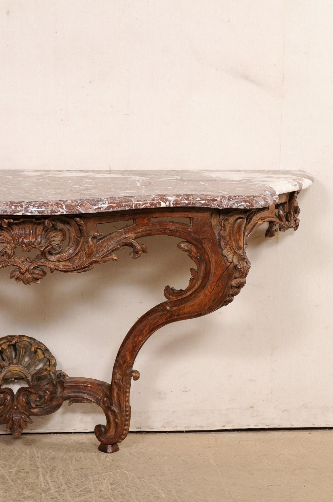An Exquisite 18th C. French Rococo Serpentine Wall Console w/Marble Top For Sale 1