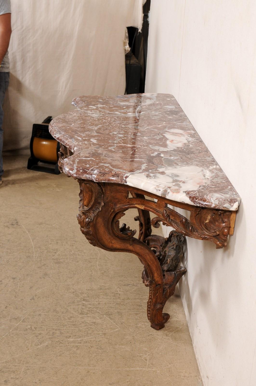 An Exquisite 18th C. French Rococo Serpentine Wall Console w/Marble Top For Sale 2
