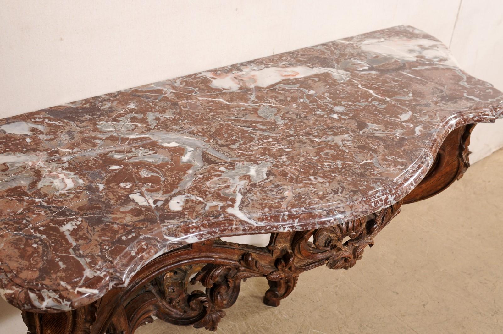 An Exquisite 18th C. French Rococo Serpentine Wall Console w/Marble Top For Sale 4