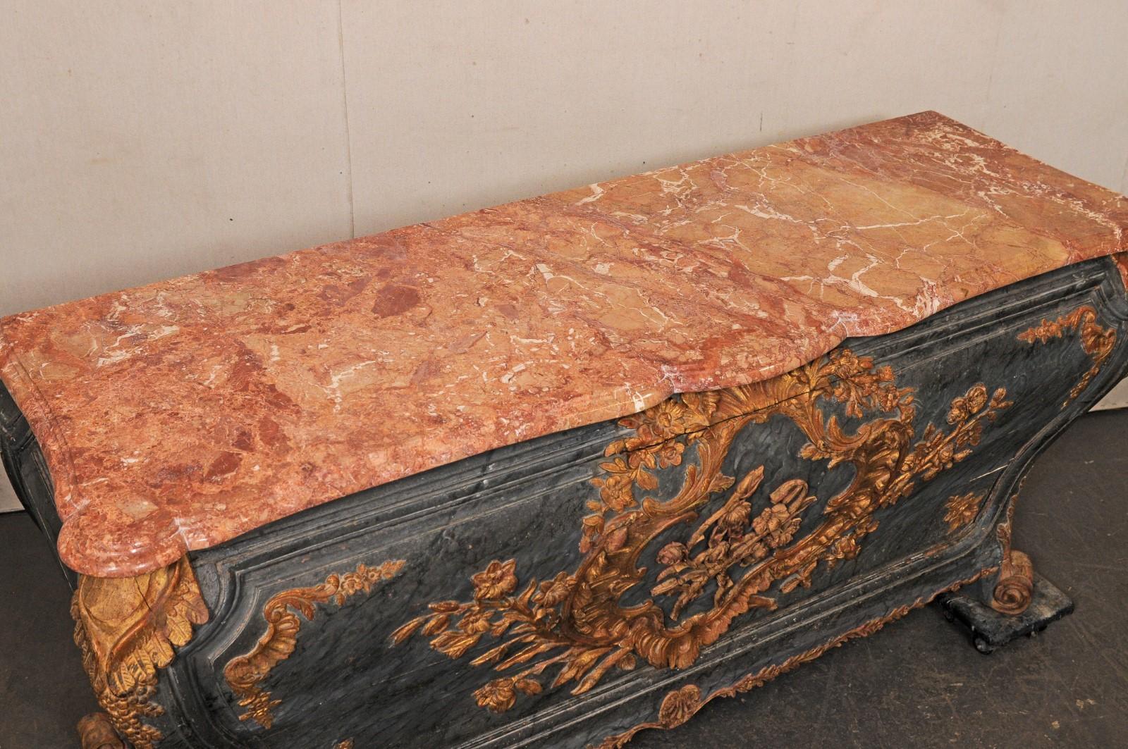 18th Century and Earlier An Exquisite 18th Century Italian Rococo Bombé Marble Top Console Table For Sale