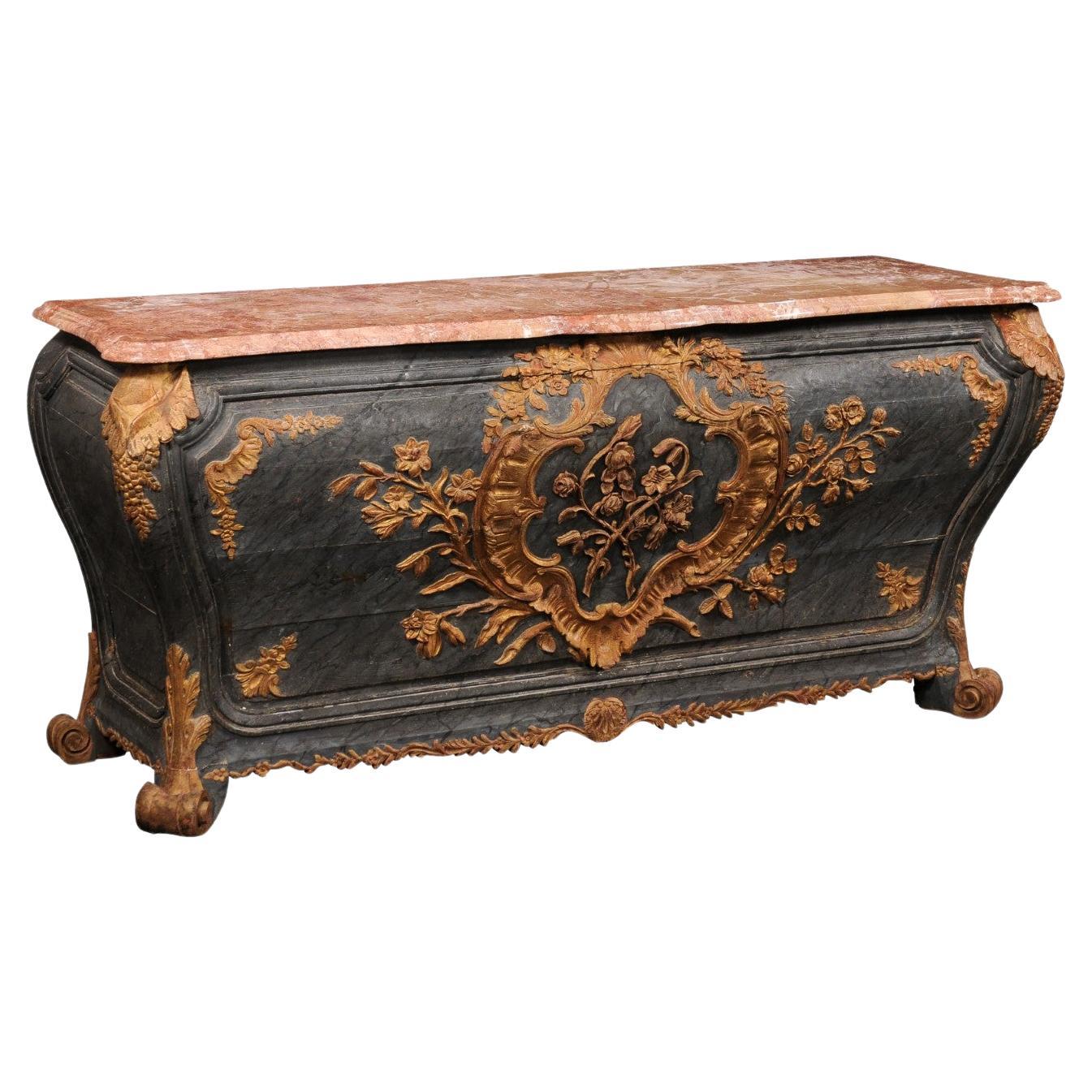 An Exquisite 18th Century Italian Rococo Bombé Marble Top Console Table
