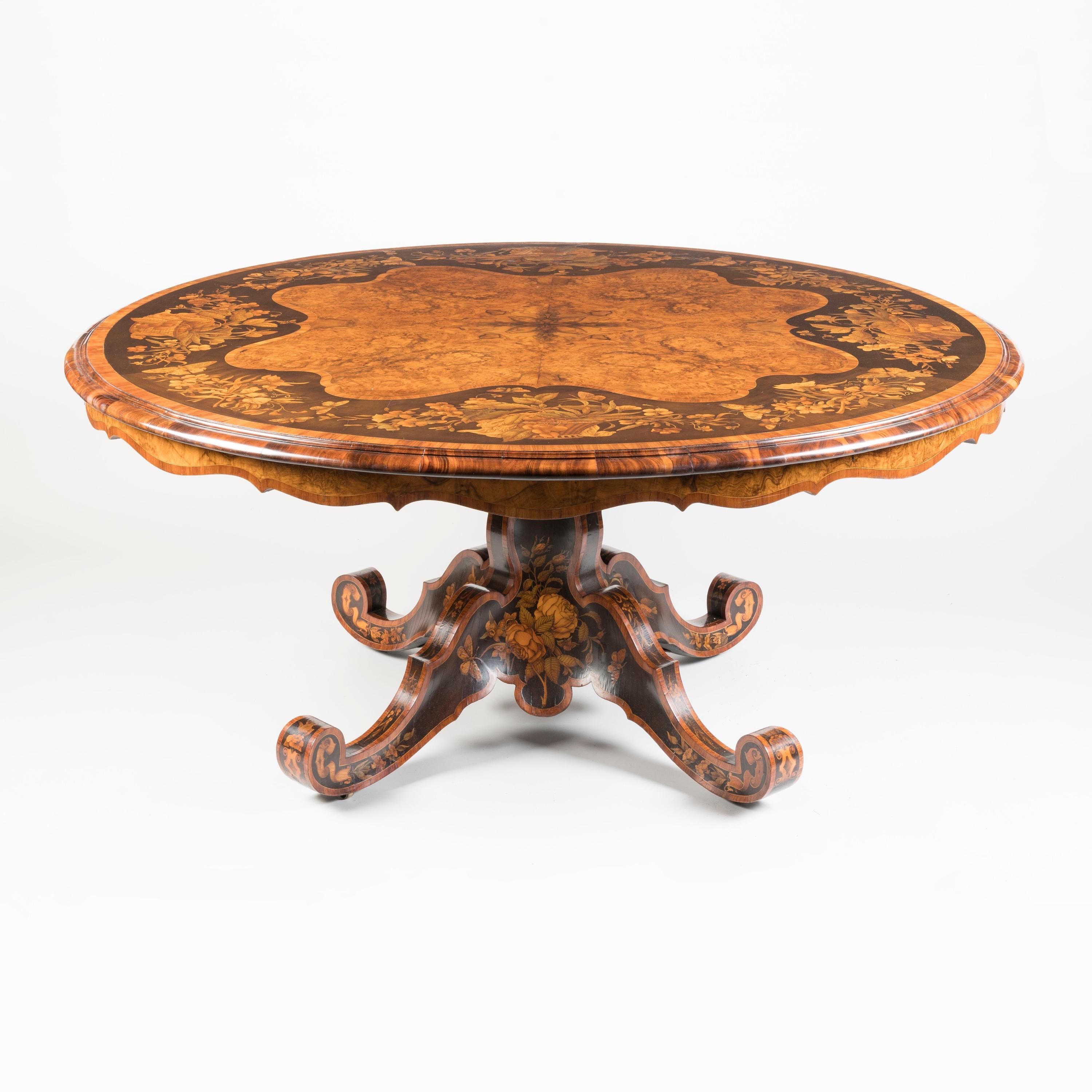 English Exquisite 19th Century Burl Walnut and Marquetry Centre Table For Sale