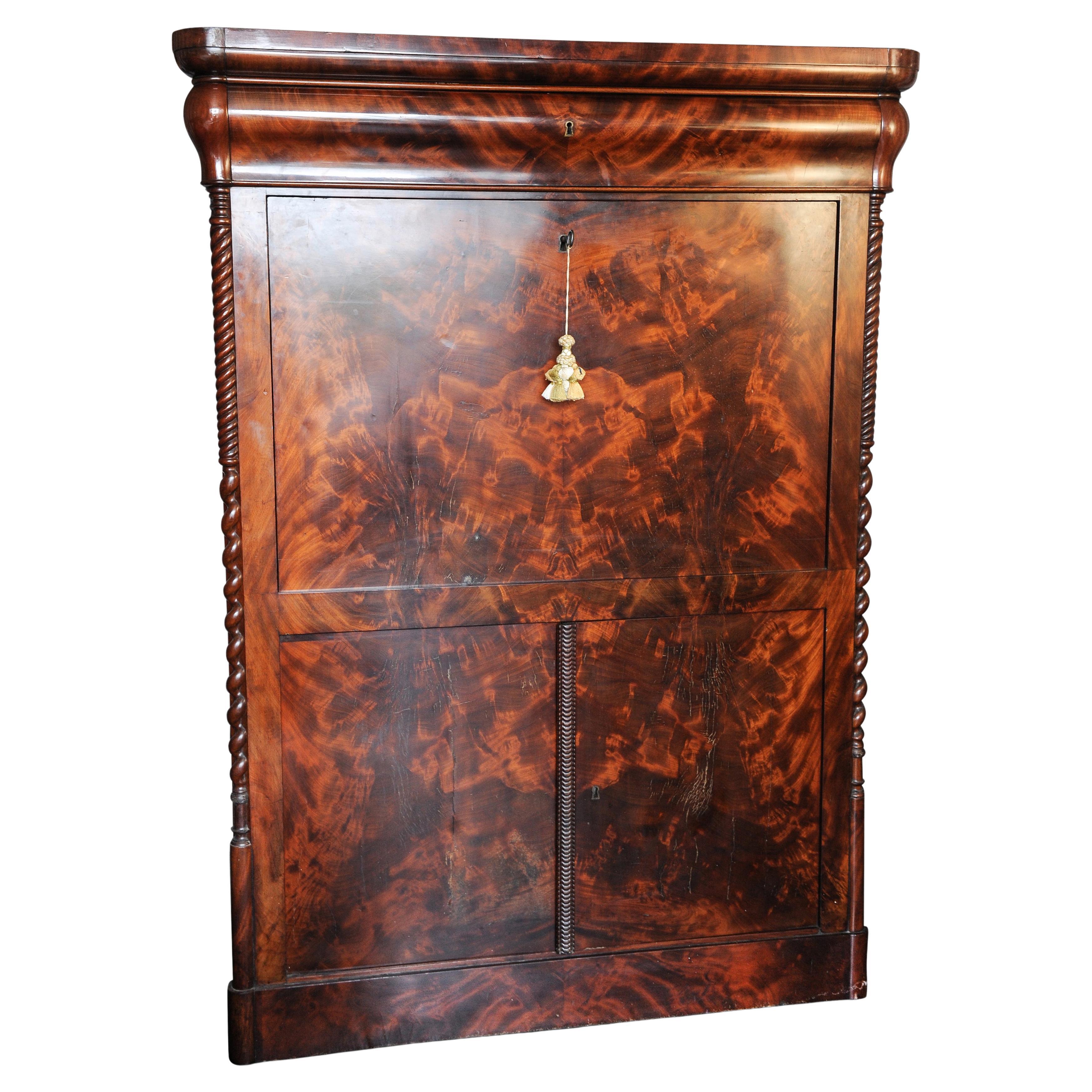 *An Exquisite 19th Century French Flame Mahogany Fitted Secretaire For Sale