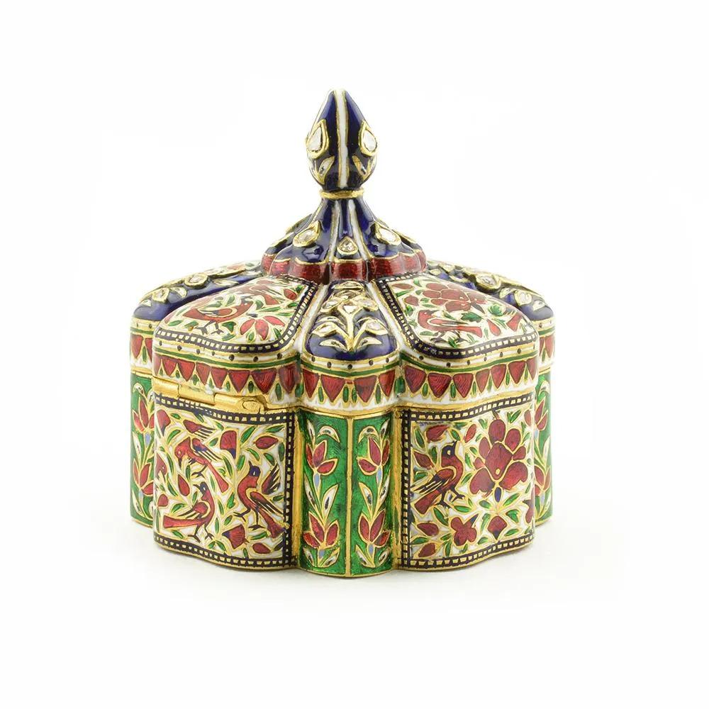 Anglo-Indian Exquisite and Large Indian 22k Gold, Enamel, and Diamond Snuff Box, Jaipur For Sale