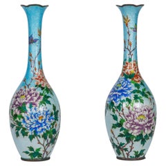 An Exquisite and Large Pair of Meiji Japanese Ginbari Cloisonne Enamel Vases