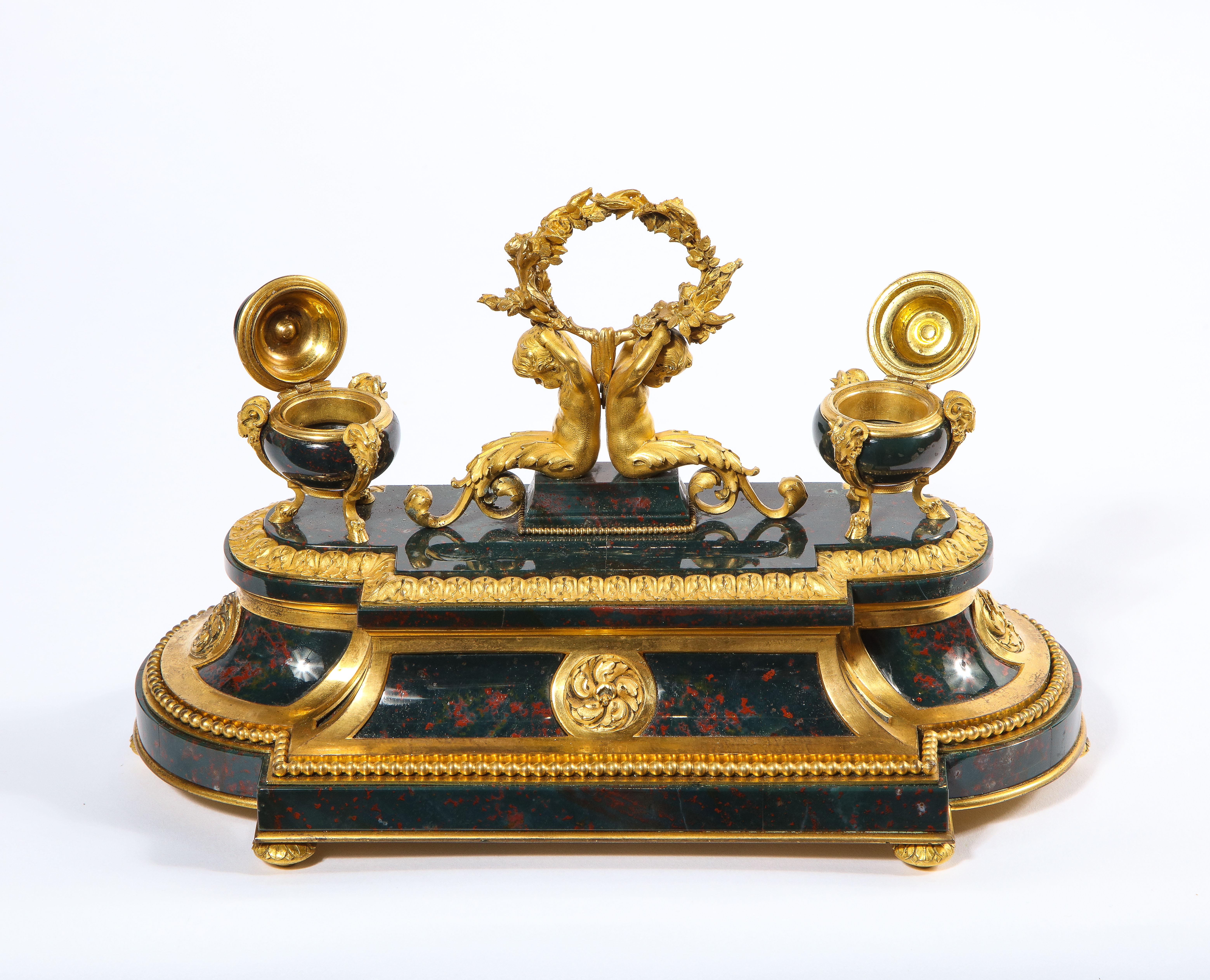 An Exquisite and Rare French Louis XVI Style Ormolu-Mounted Bloodstone Inkwell In Good Condition For Sale In New York, NY