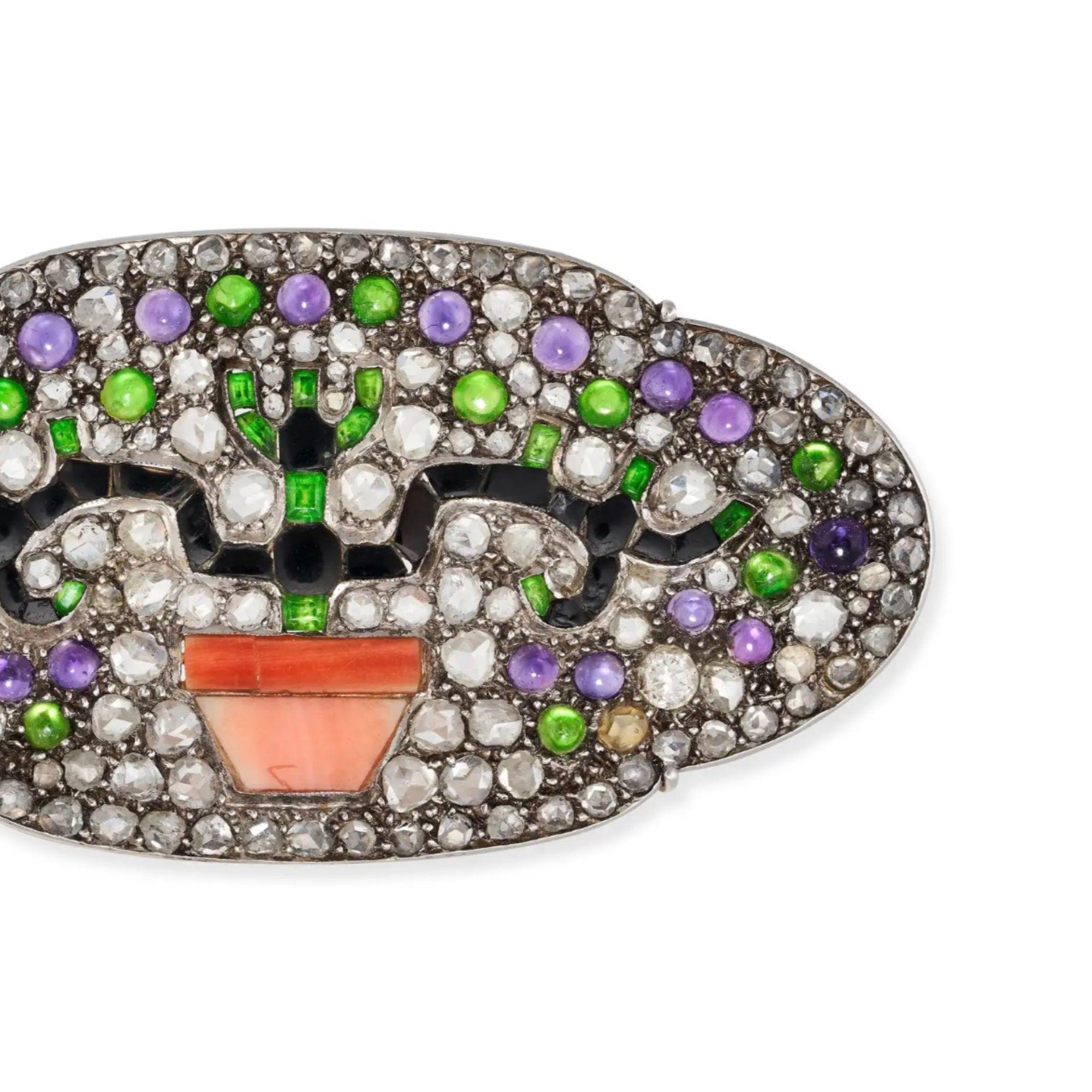 An Exquisite Antique Art Deco French Multigem Japoisme Brooch In Good Condition For Sale In Weston, MA