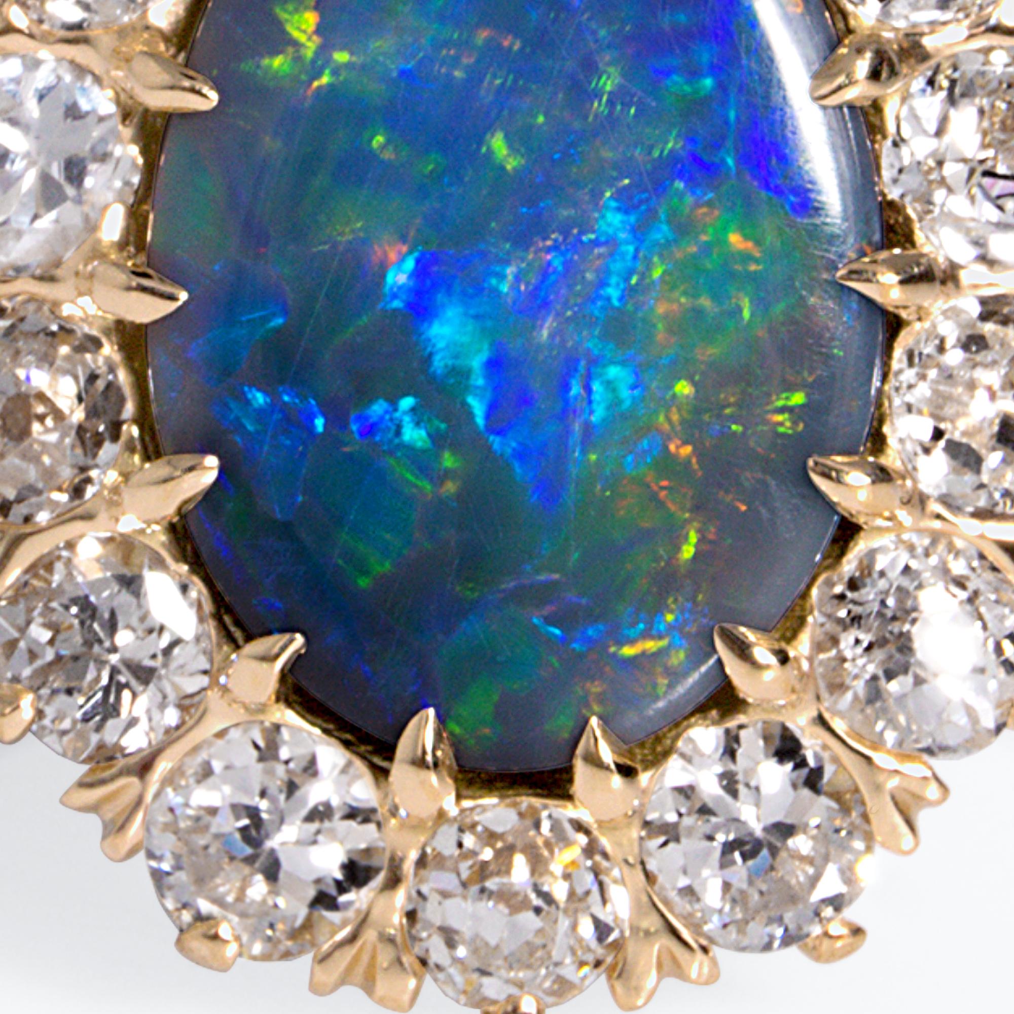 Exquisite Antique Victorian Lightning Ridge Black Opal Diamond Cluster Ring 8