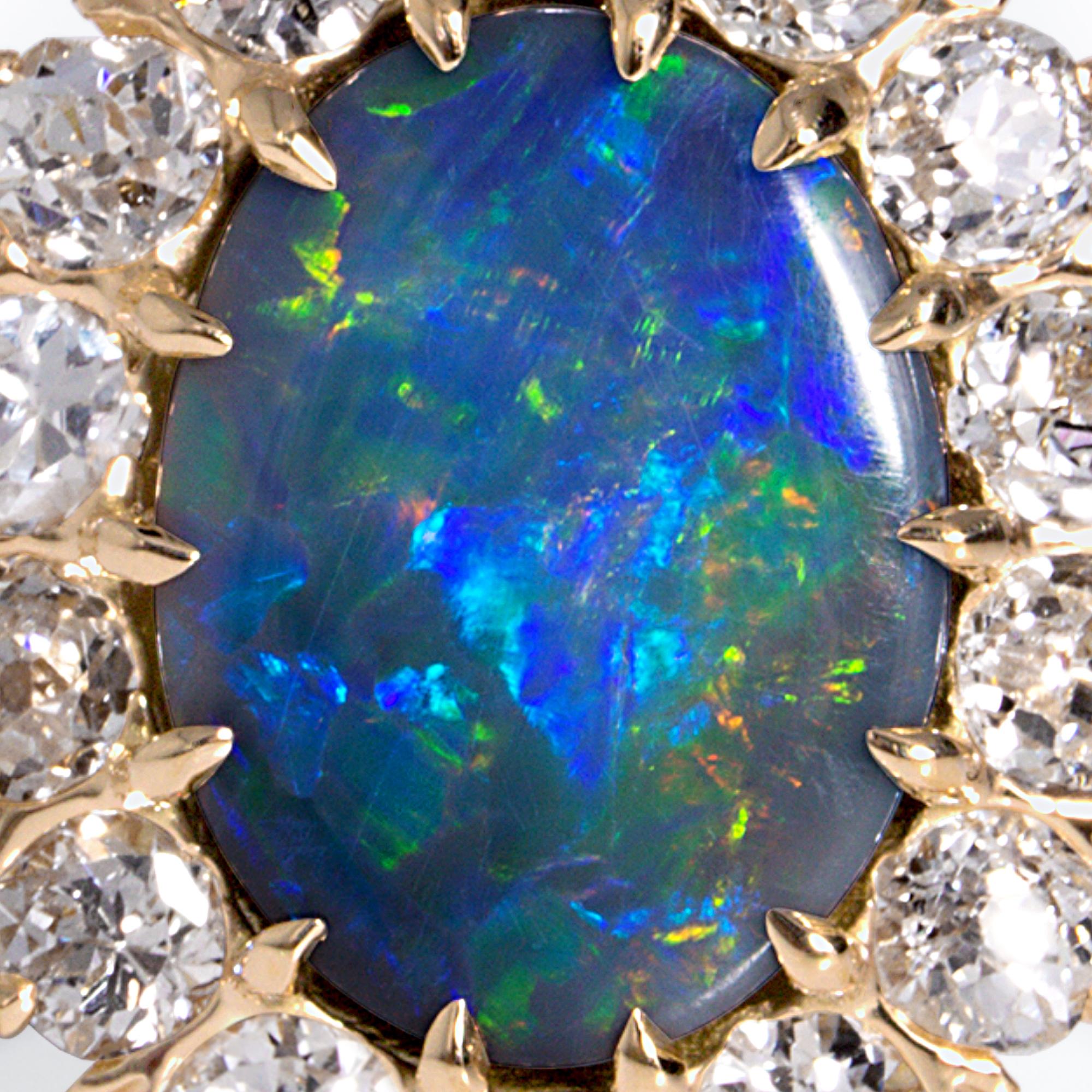 Exquisite Antique Victorian Lightning Ridge Black Opal Diamond Cluster Ring 9