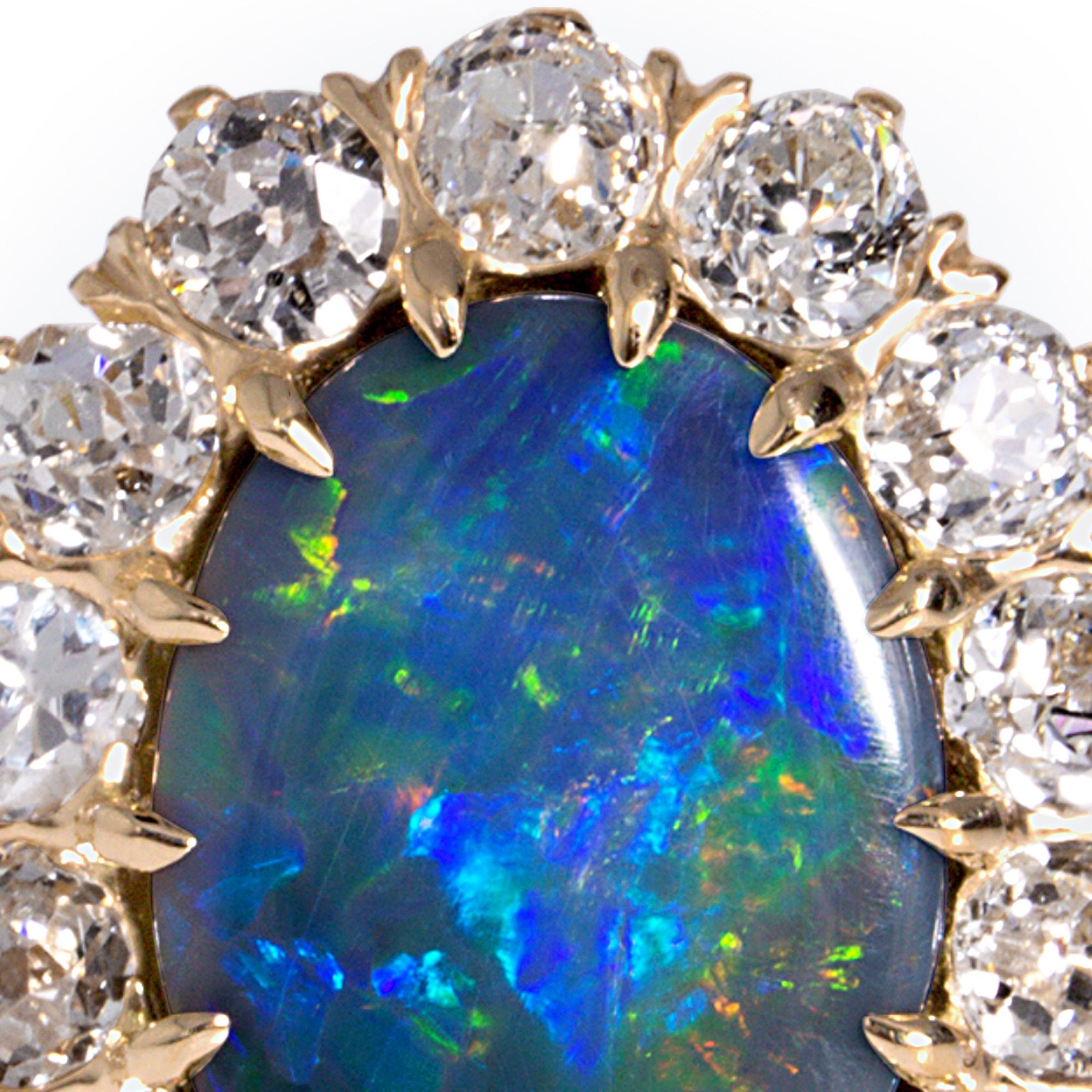 Exquisite Antique Victorian Lightning Ridge Black Opal Diamond Cluster Ring 10