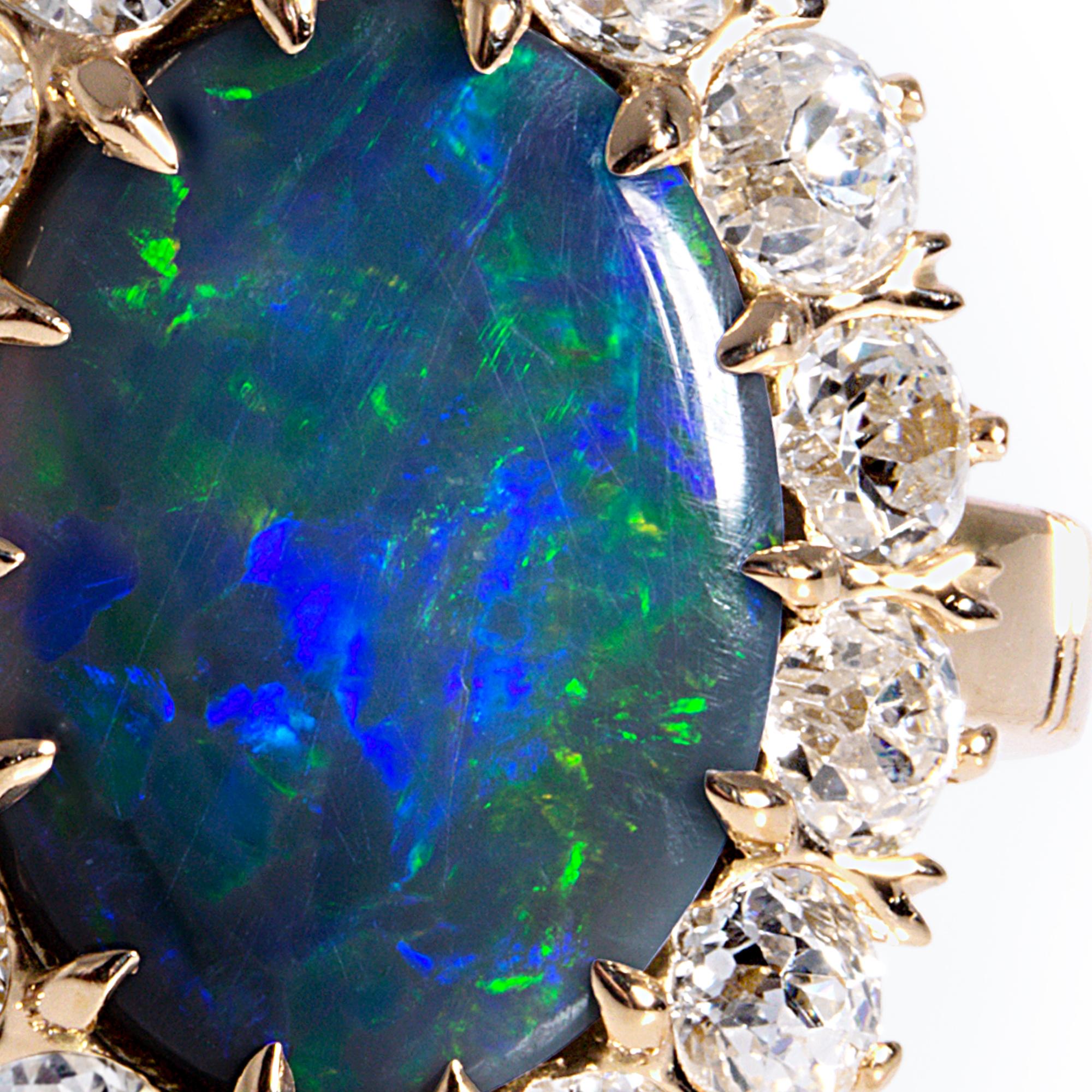 Exquisite Antique Victorian Lightning Ridge Black Opal Diamond Cluster Ring 11