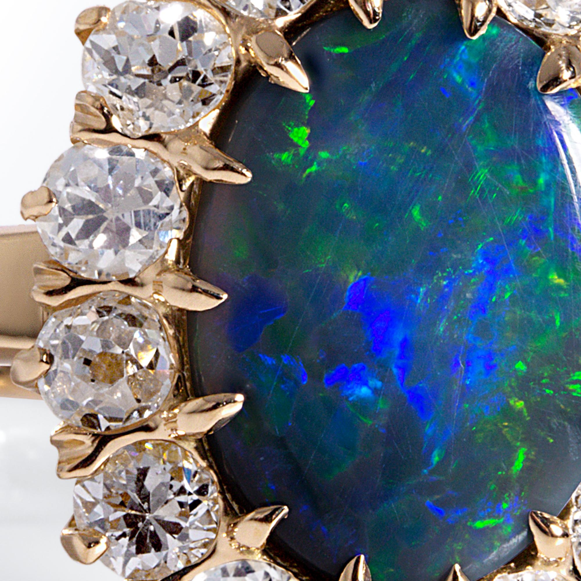 Exquisite Antique Victorian Lightning Ridge Black Opal Diamond Cluster Ring 12