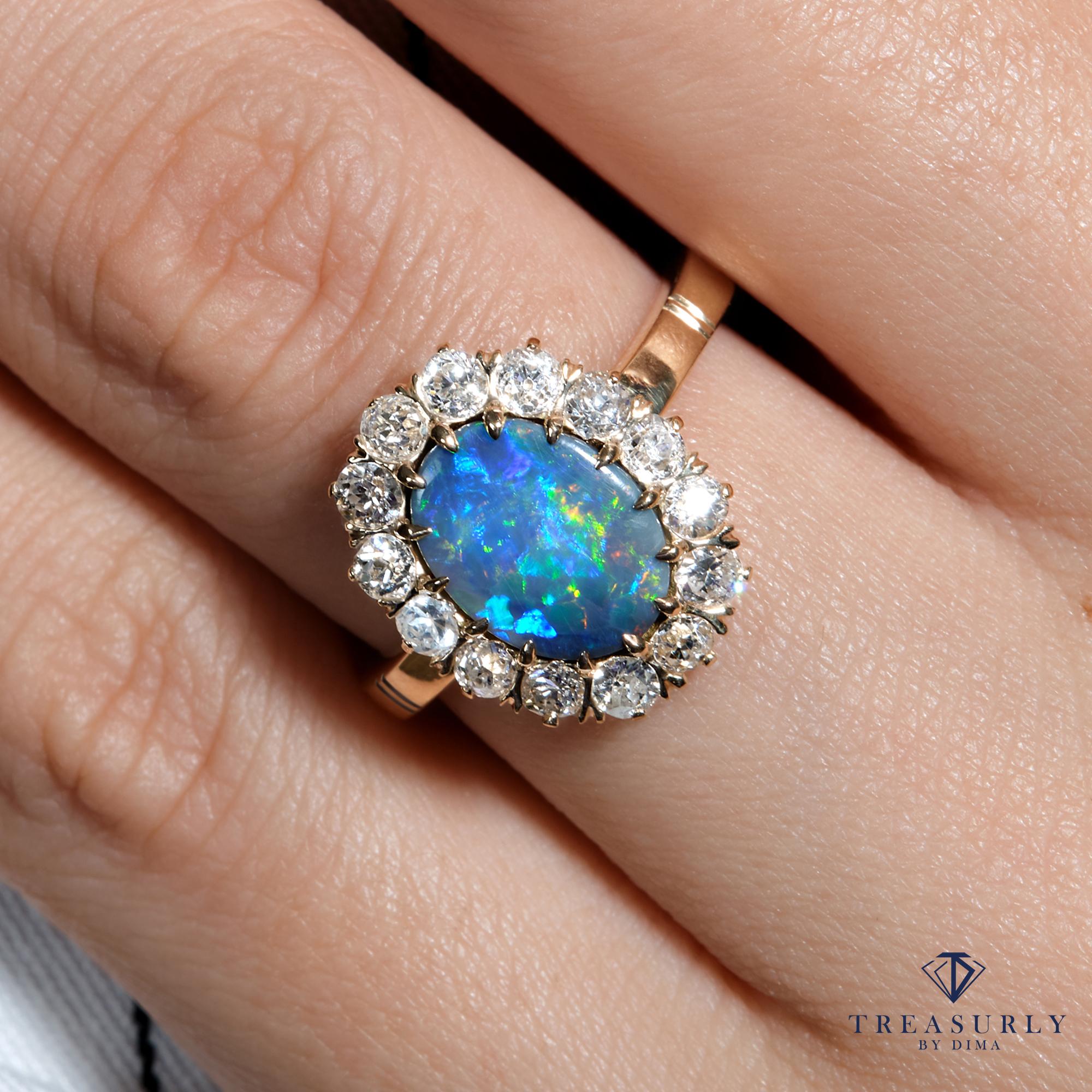 Women's Exquisite Antique Victorian Lightning Ridge Black Opal Diamond Cluster Ring