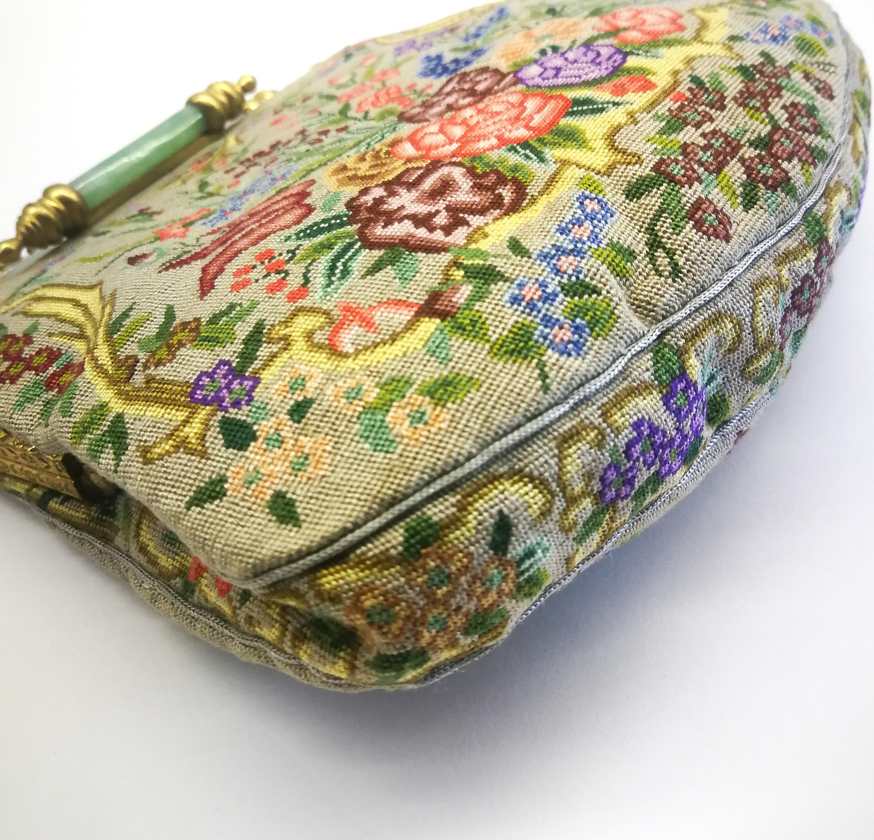 An exquisite Art Deco petit point bag, with a double jade bar clasp, 1920s. 2