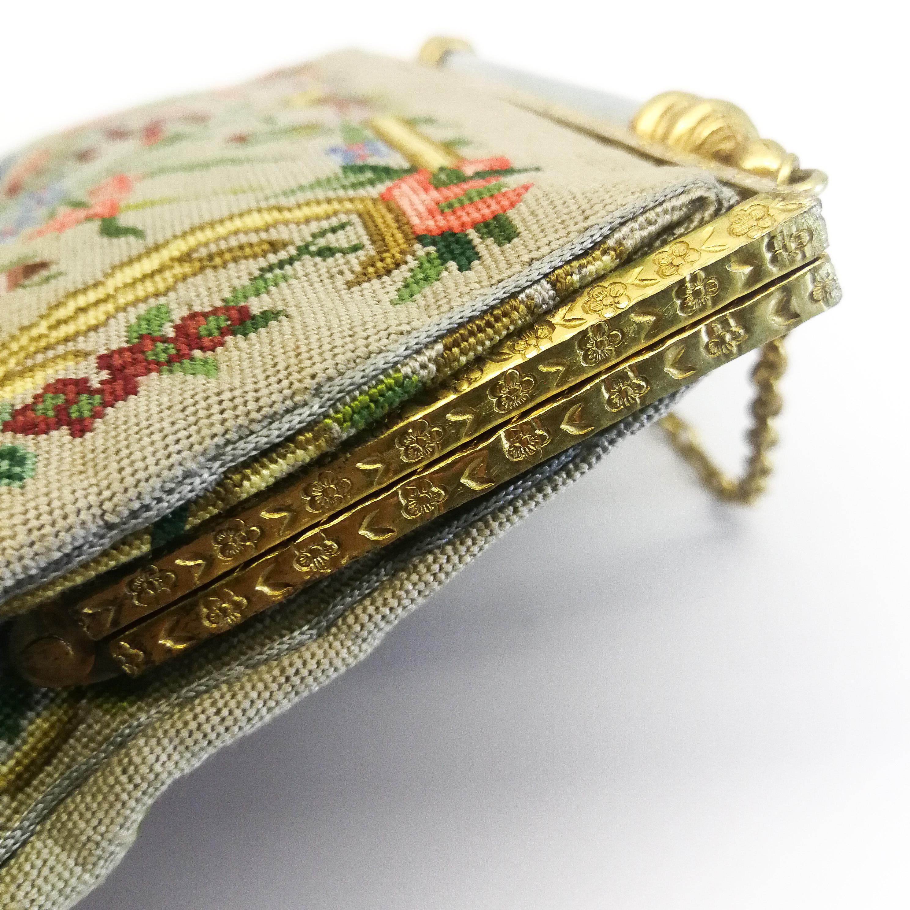 An exquisite Art Deco petit point bag, with a double jade bar clasp, 1920s. 3