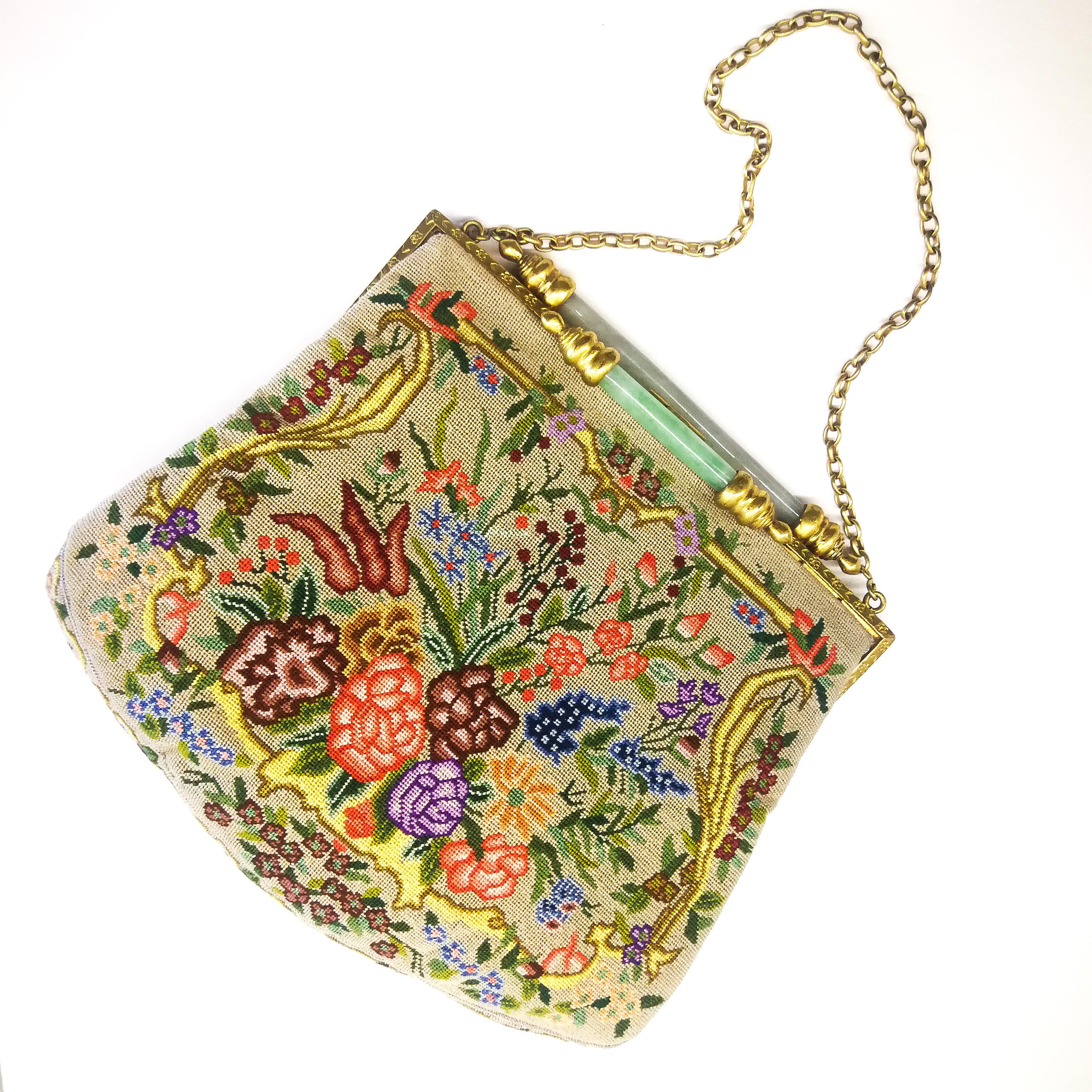 An exquisite Art Deco petit point bag, with a double jade bar clasp, 1920s. 6