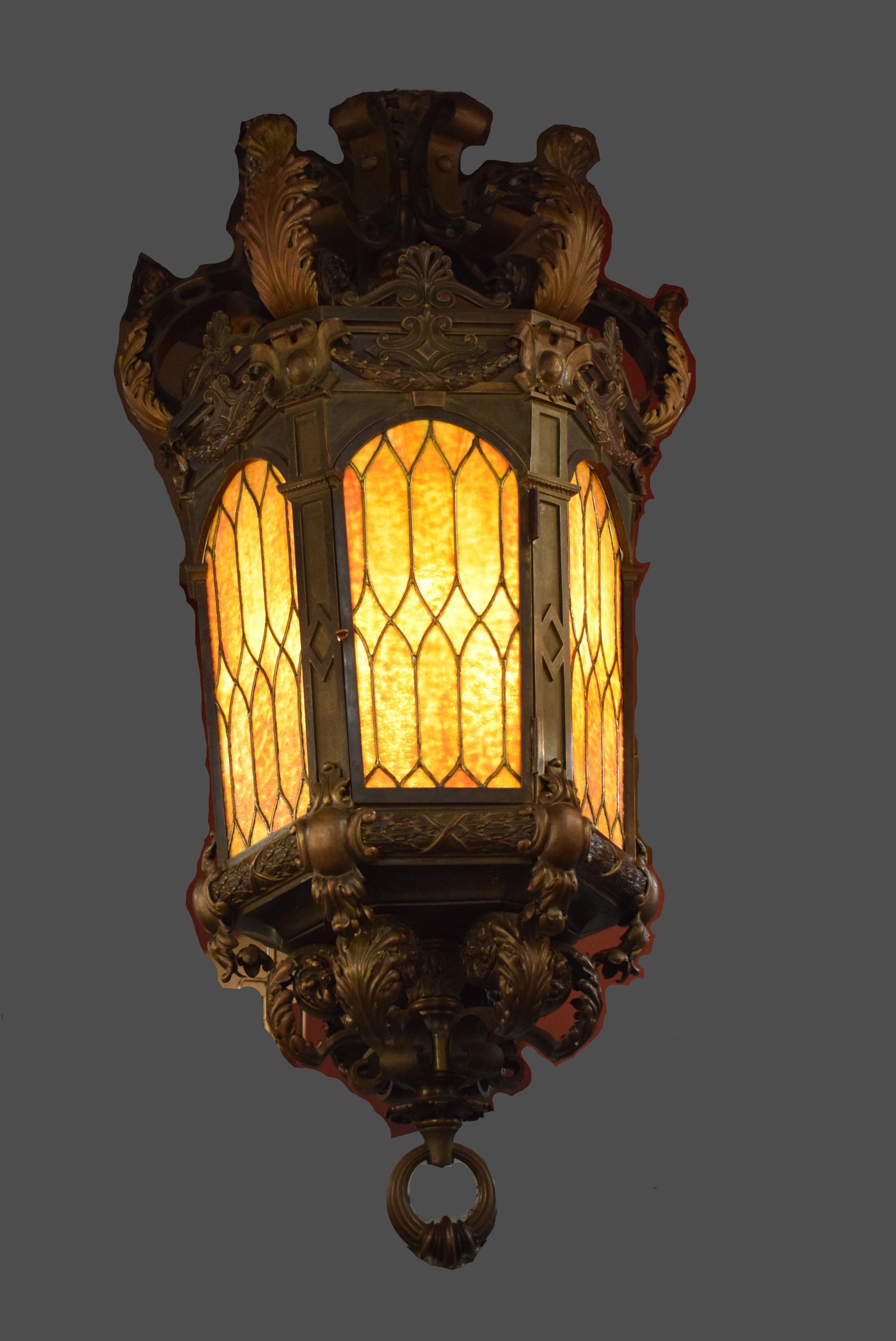 An exquisite bronze lantern with stained glass panels. The bronze work is of the highest quality. France, circa 1910
Dimensions: Height 72