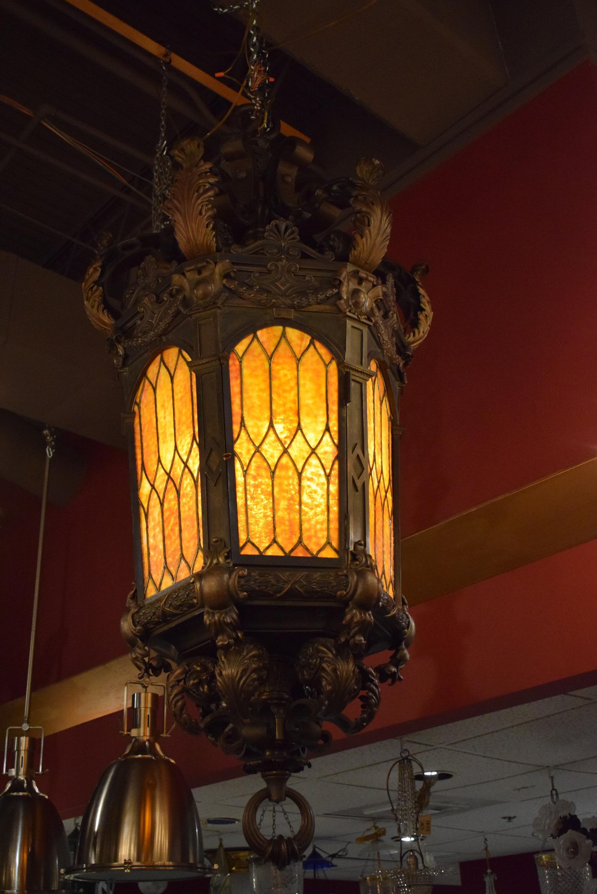 French Exquisite Bronze Lantern with Stained Glass Panels For Sale