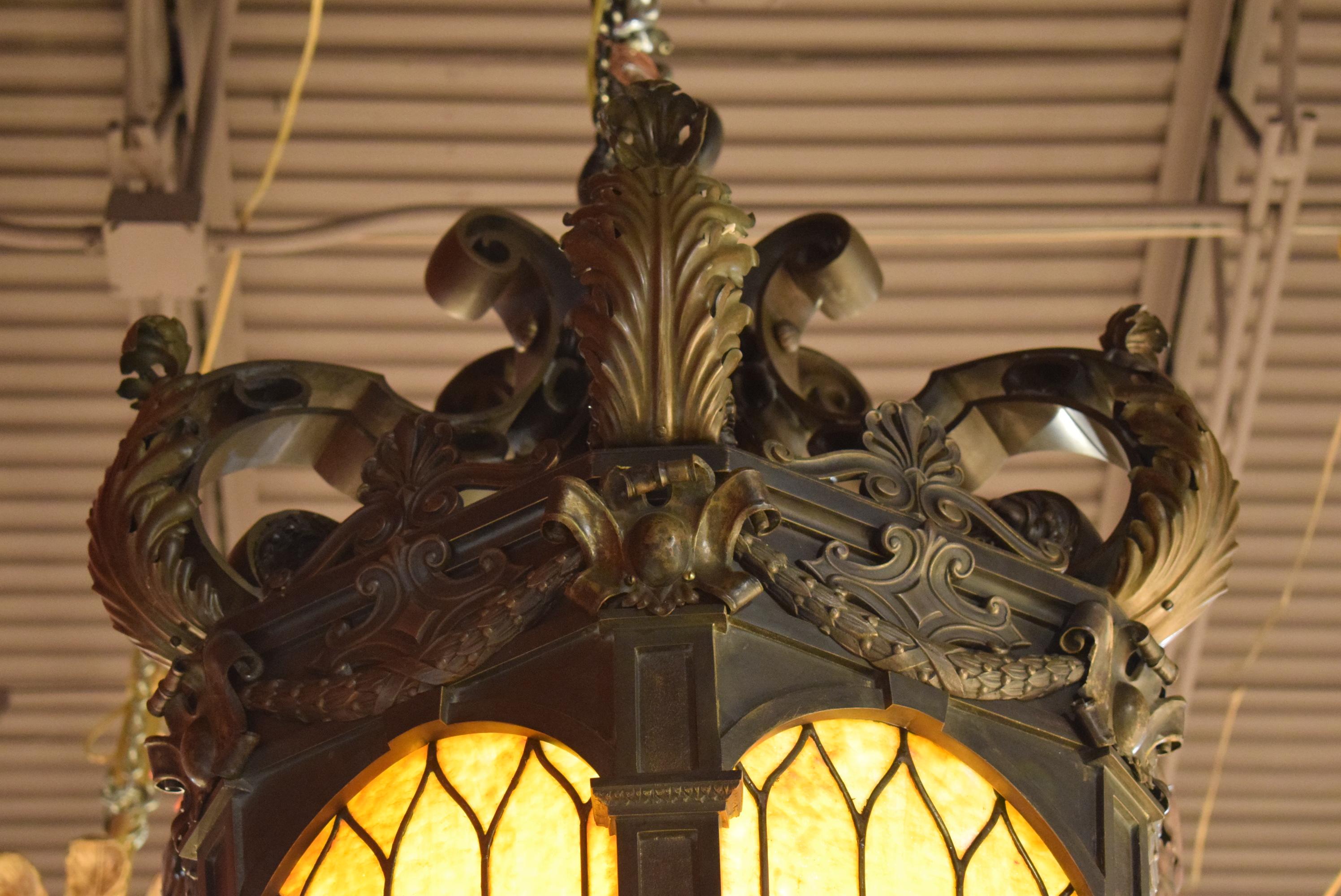 Early 20th Century Exquisite Bronze Lantern with Stained Glass Panels For Sale