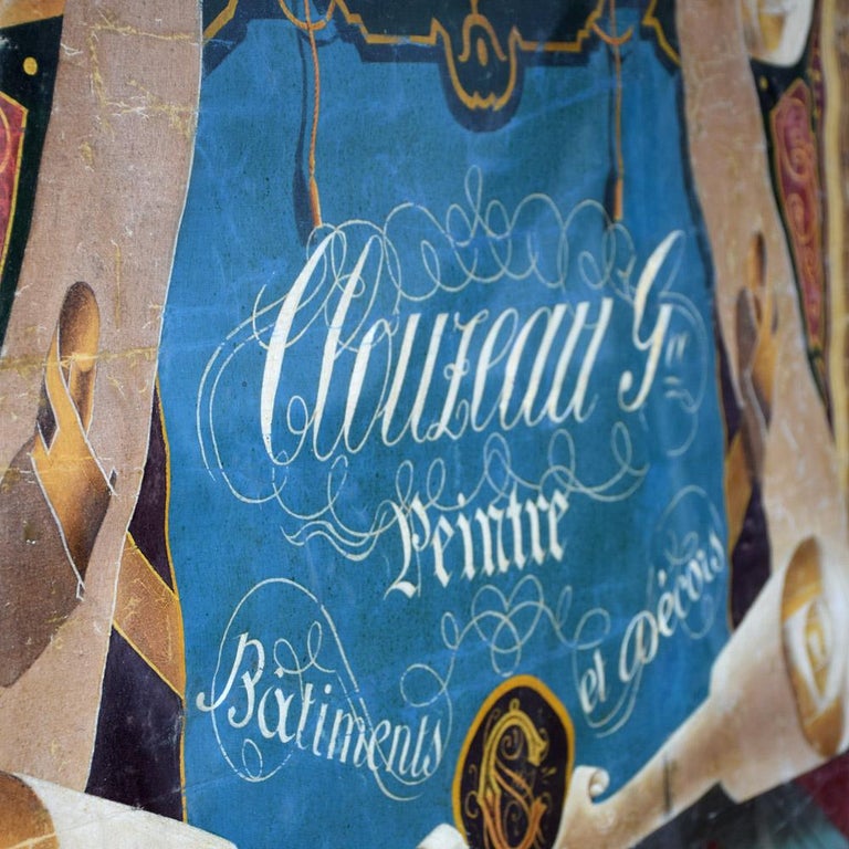 We are proud to offer an exquisite early 20th century French hand lettering trade sign. This is truly a unique piece of trade sign retail art in our opinion, never seen the like before. Hand painted on canvas, showcasing the hand lettering artists