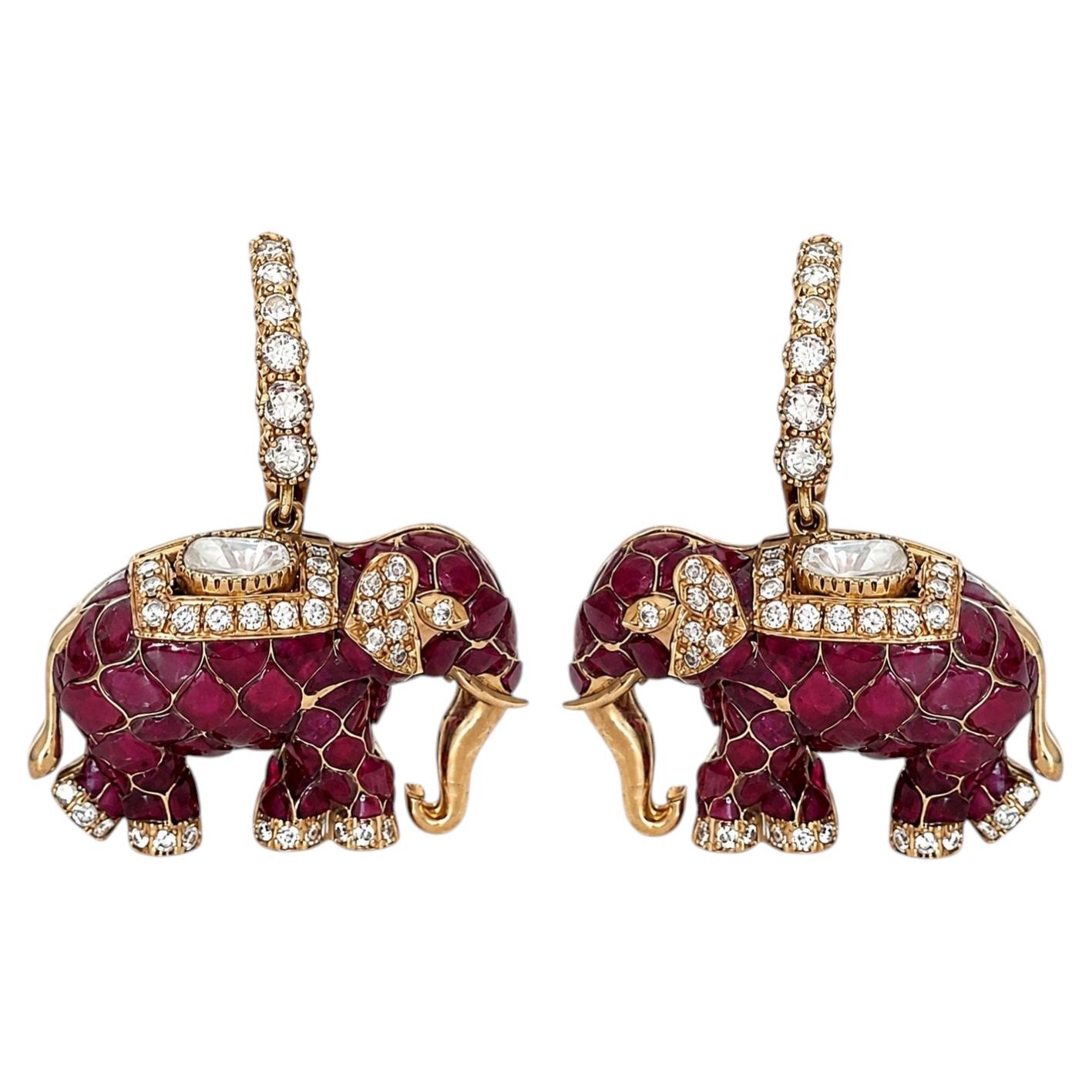 An Exquisite Elephant-Inspired Earring Adorned with Rubies & Diamonds