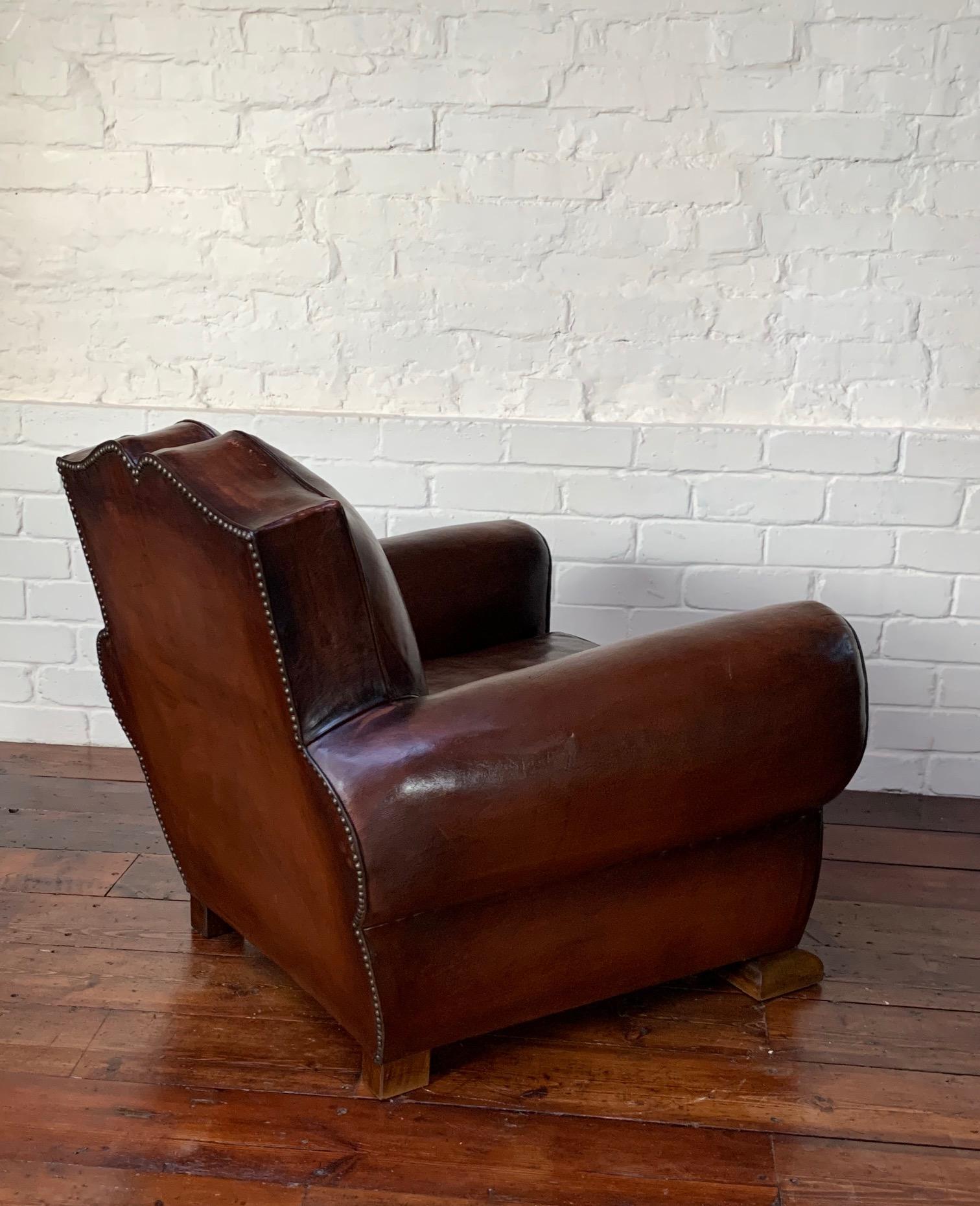Art Deco  An Exquisite French, Leather Club Chair, Havana Moustache Model Circa 1940's