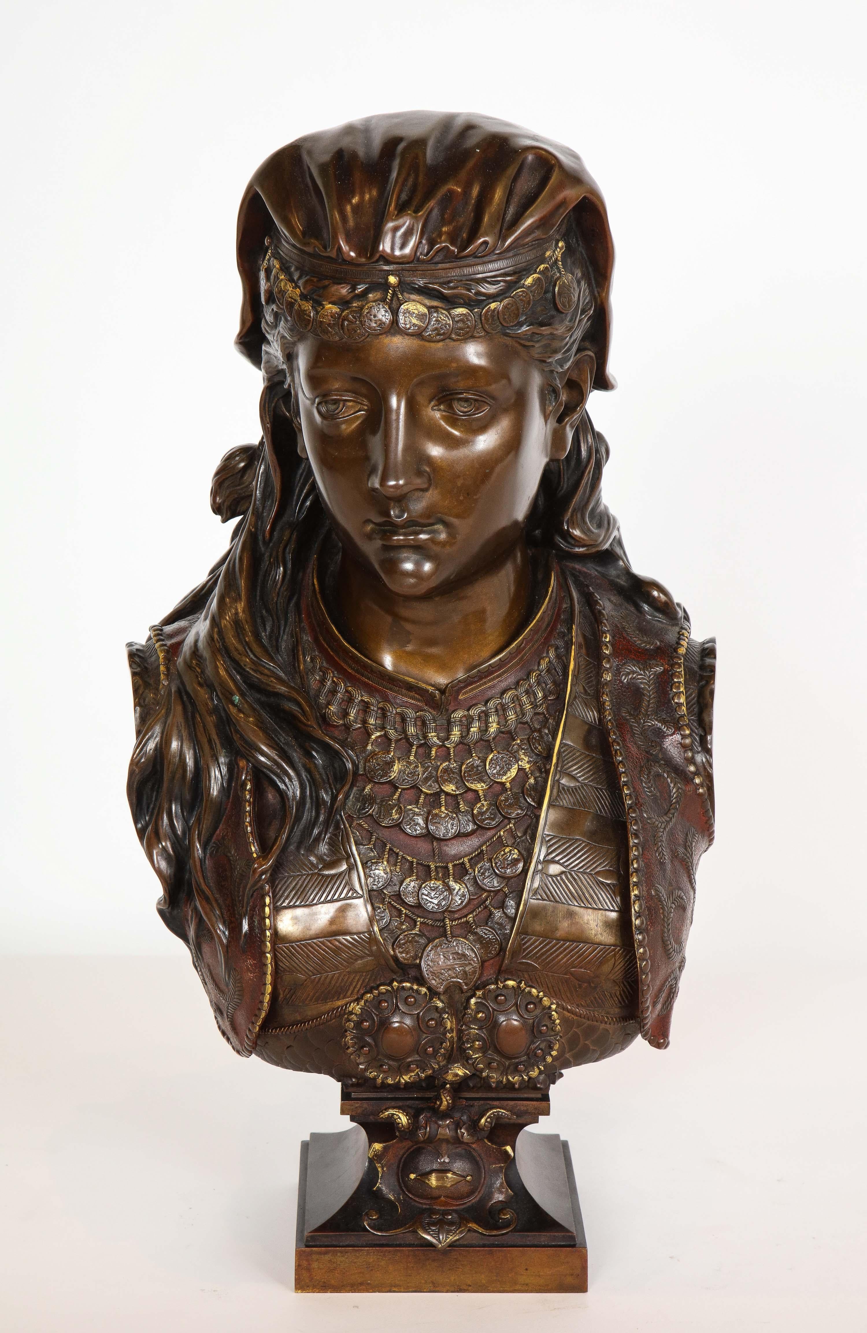 An exquisite French multi-patinated Orientalist bronze bust of a Turkish beauty, by Zacharie Rimbez, late 19th century.

Signed 'Z. Rimbez' (on the left shoulder)

Measures: 22