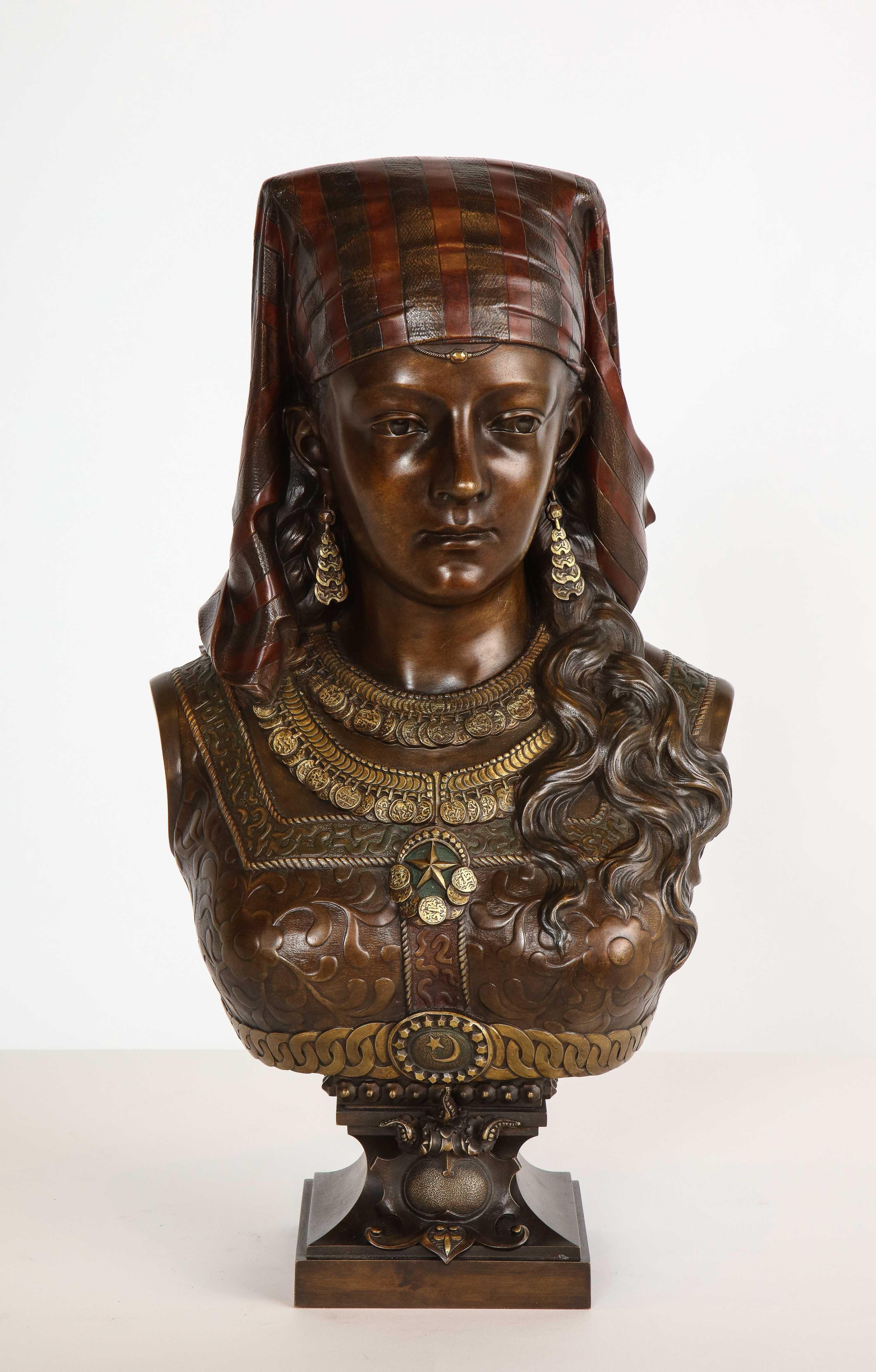 An exquisite French multi-patinated orientalist bronze bust of Saida, by Zacharie Rimbez, late 19th century.

Signed 'Z. Rimbez' (on the left shoulder)

Measures: 22