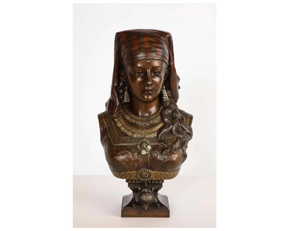 An exquisite French multi-patinated orientalist bronze bust of Saida, by Zacharie Rimbez, late 19th century.

Signed 'Z. Rimbez' (on the left shoulder)

Measures: 22