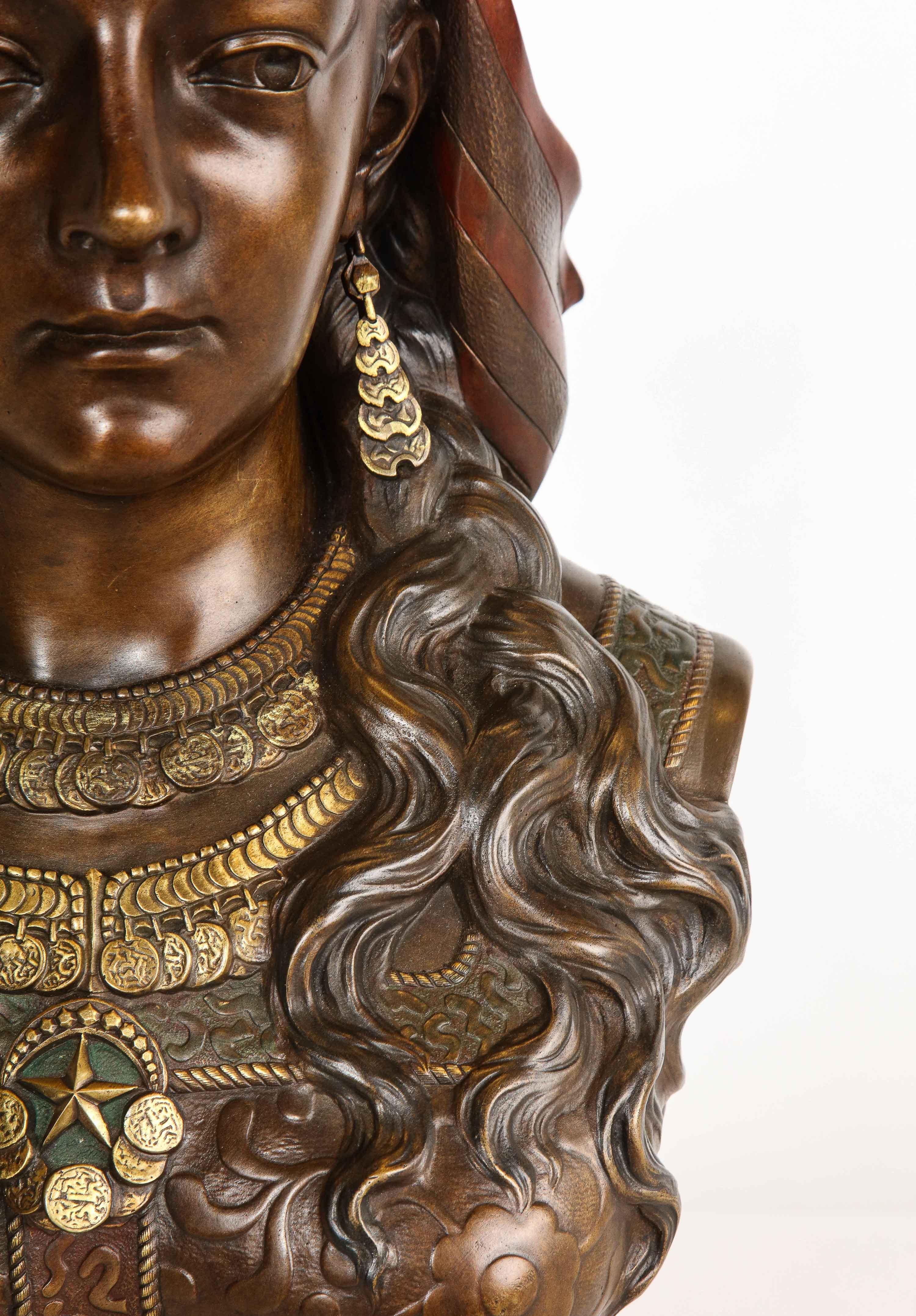 19th Century Exquisite French Multi-Patinated Orientalist Bronze Bust of Saida, by Rimbez