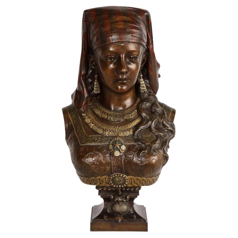 An Exquisite French Multi-Patinated Orientalist Bronze Bust of Saida, by Rimbez 