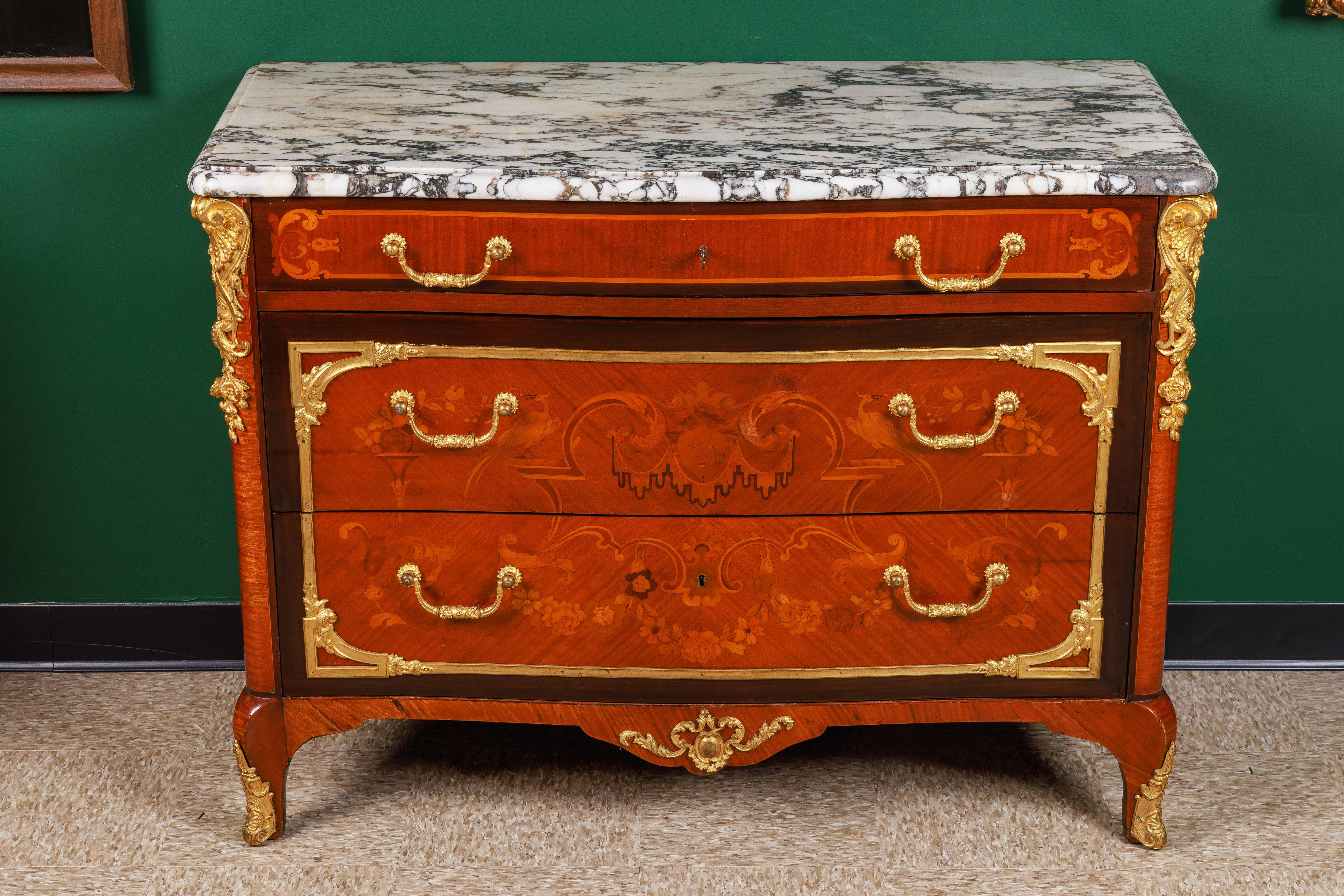 Exquisite French Ormolu-Mounted Mahogany Parquetry Marble-Top Commode C. 1870 For Sale 8