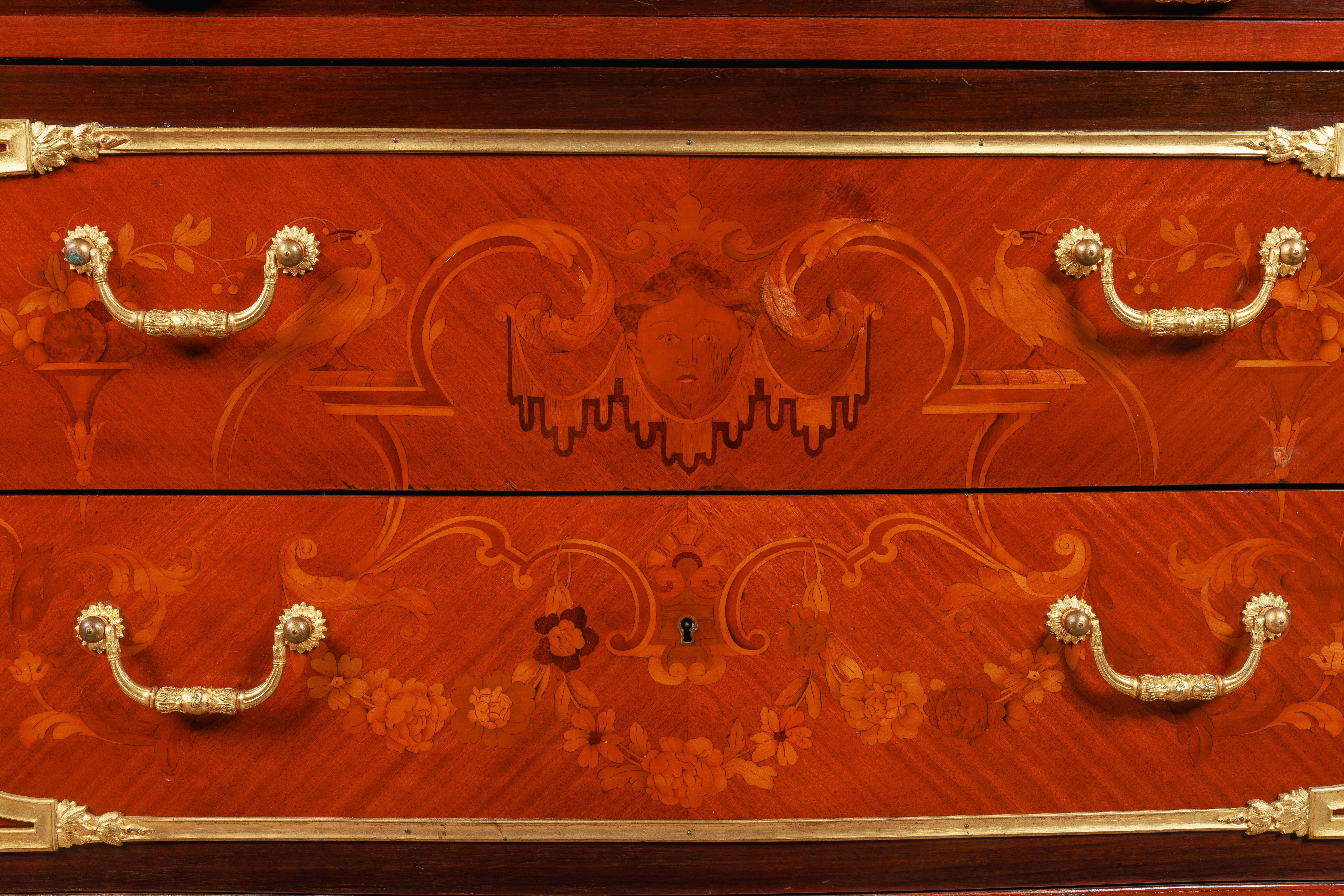 Exquisite French Ormolu-Mounted Mahogany Parquetry Marble-Top Commode C. 1870 In Good Condition For Sale In New York, NY