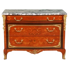 Exquisite French Ormolu-Mounted Mahogany Parquetry Marble-Top Commode C. 1870