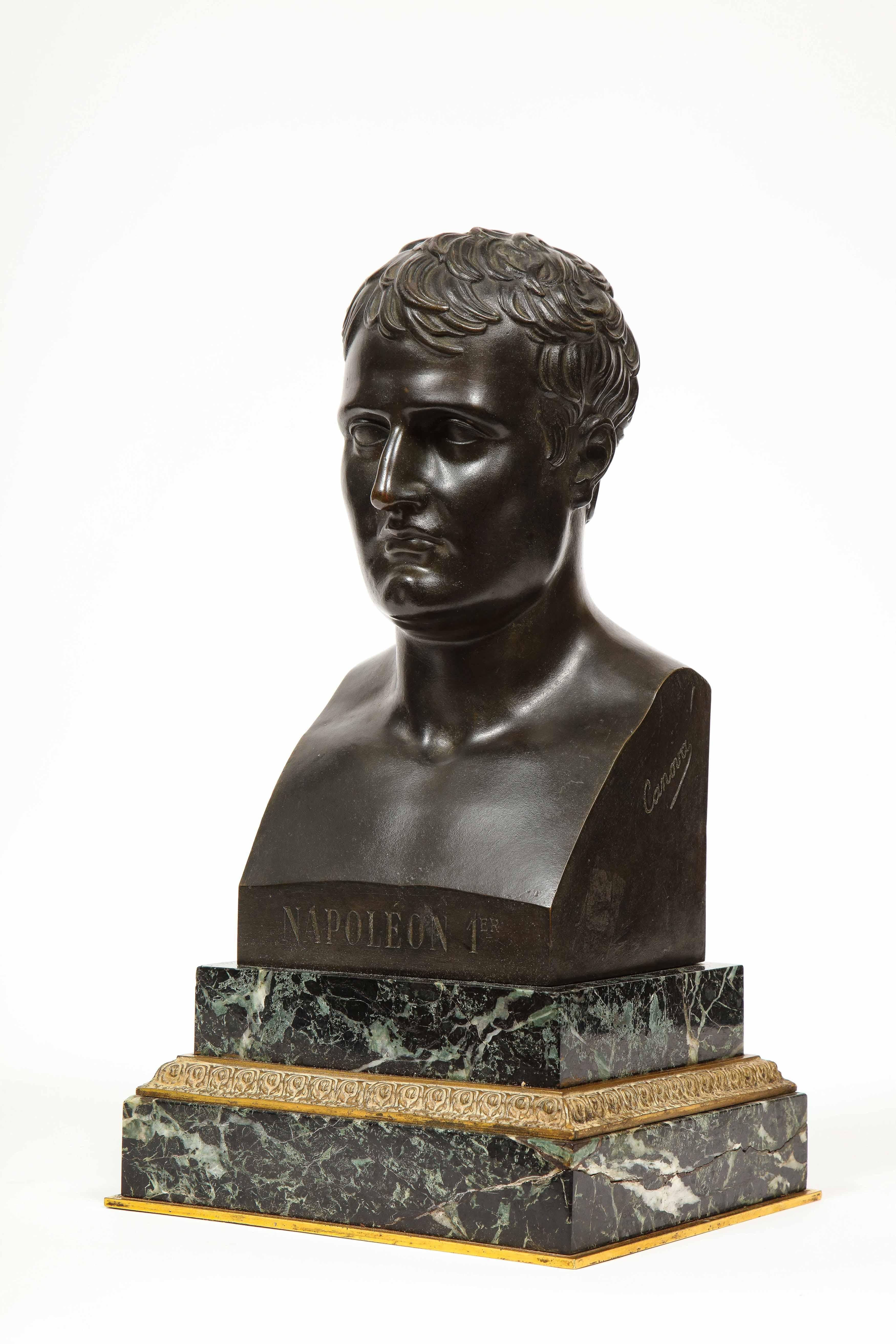 An exquisite French patinated bronze Herm Bust of Emperor Napoleon I, circa 1820 After Canova (1757–1822).

Mounted on a solid square bronze and green marble base. Extremely fine quality sculpture. 

Signed Canova and has a foundry mark