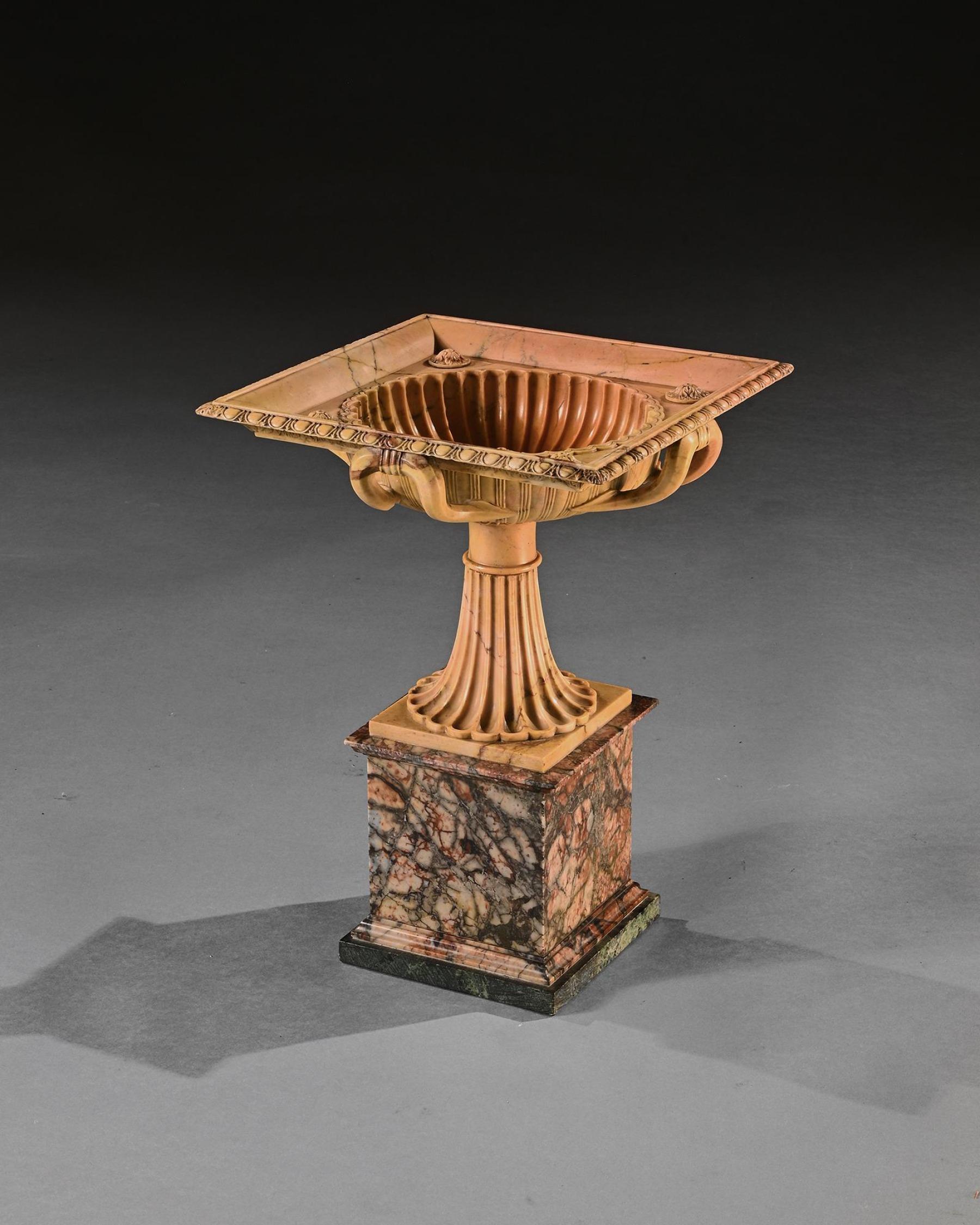 An Exquisite Giallo Antico Tazza of Unusual Square Section With Finely Carved In In Good Condition For Sale In Benington, Herts