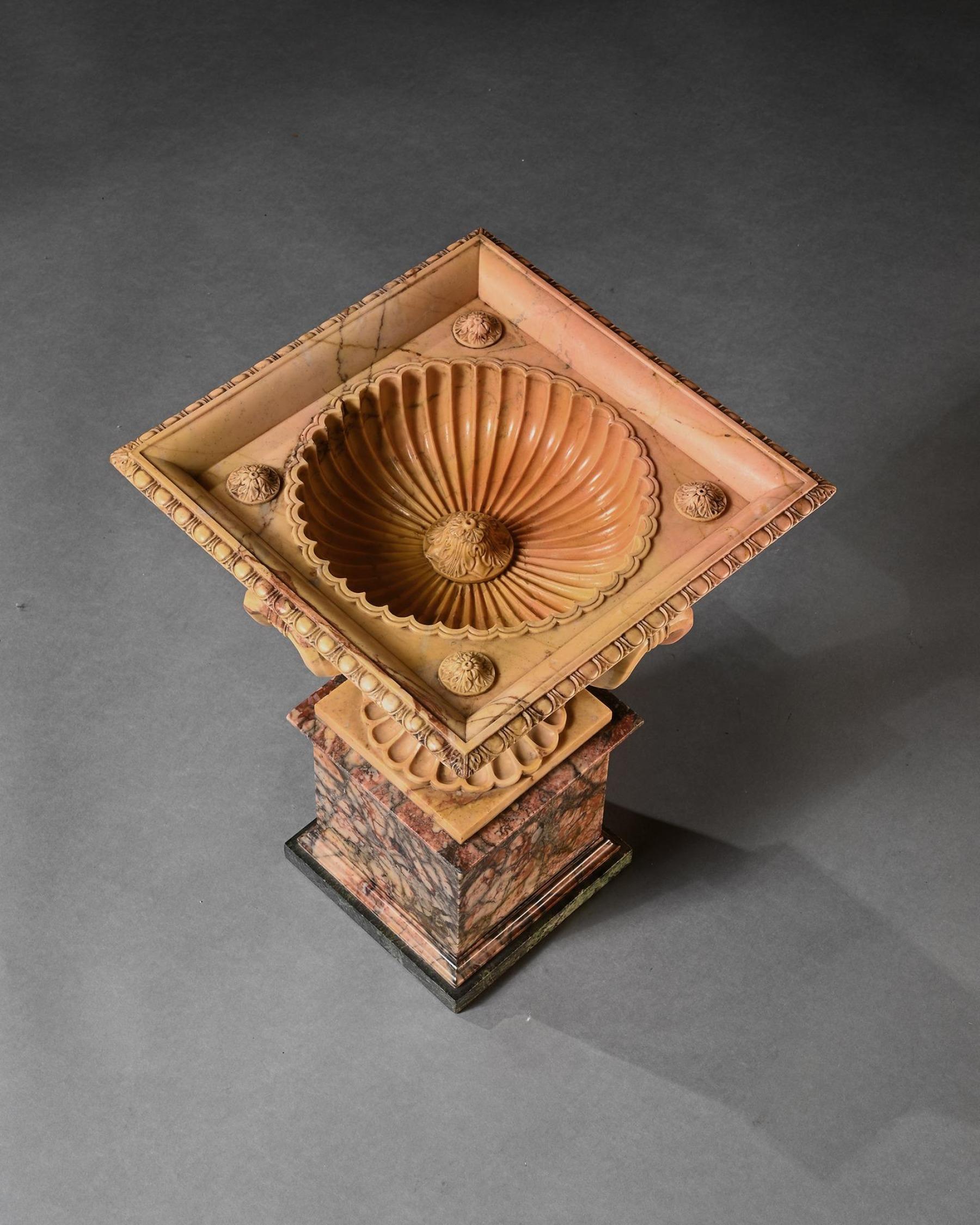 Early 19th Century An Exquisite Giallo Antico Tazza of Unusual Square Section With Finely Carved In For Sale