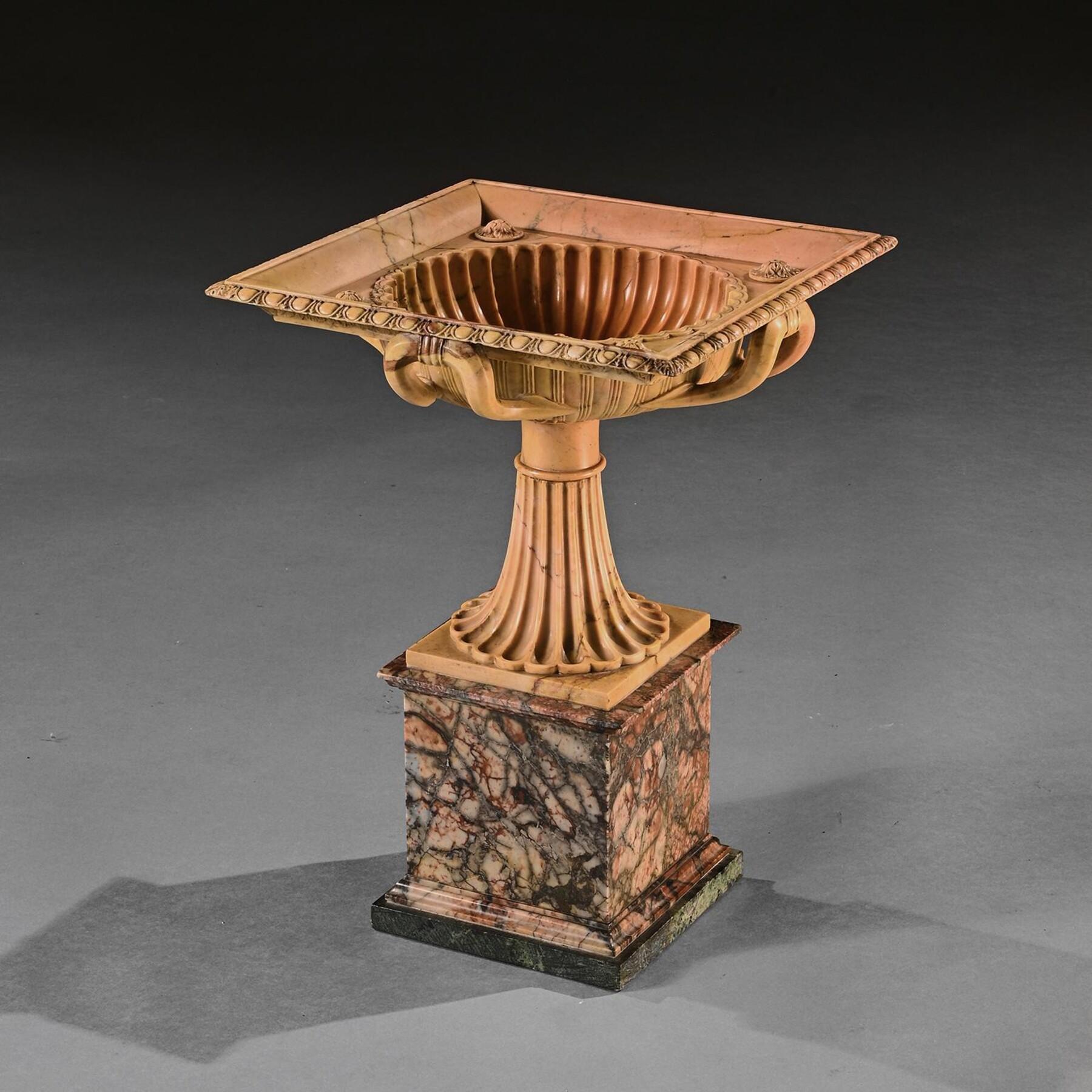 An Exquisite Giallo Antico Tazza of Unusual Square Section With Finely Carved In For Sale 1
