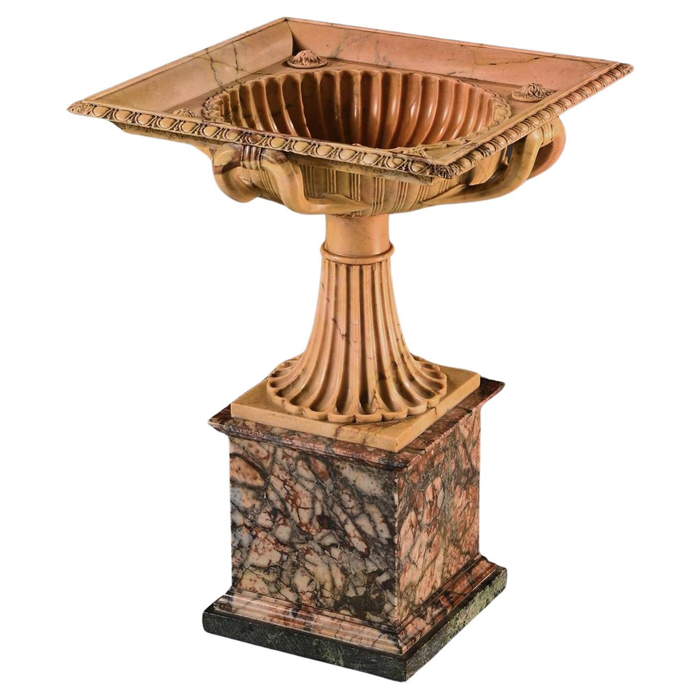 An Exquisite Giallo Antico Tazza of Unusual Square Section With Finely Carved In For Sale