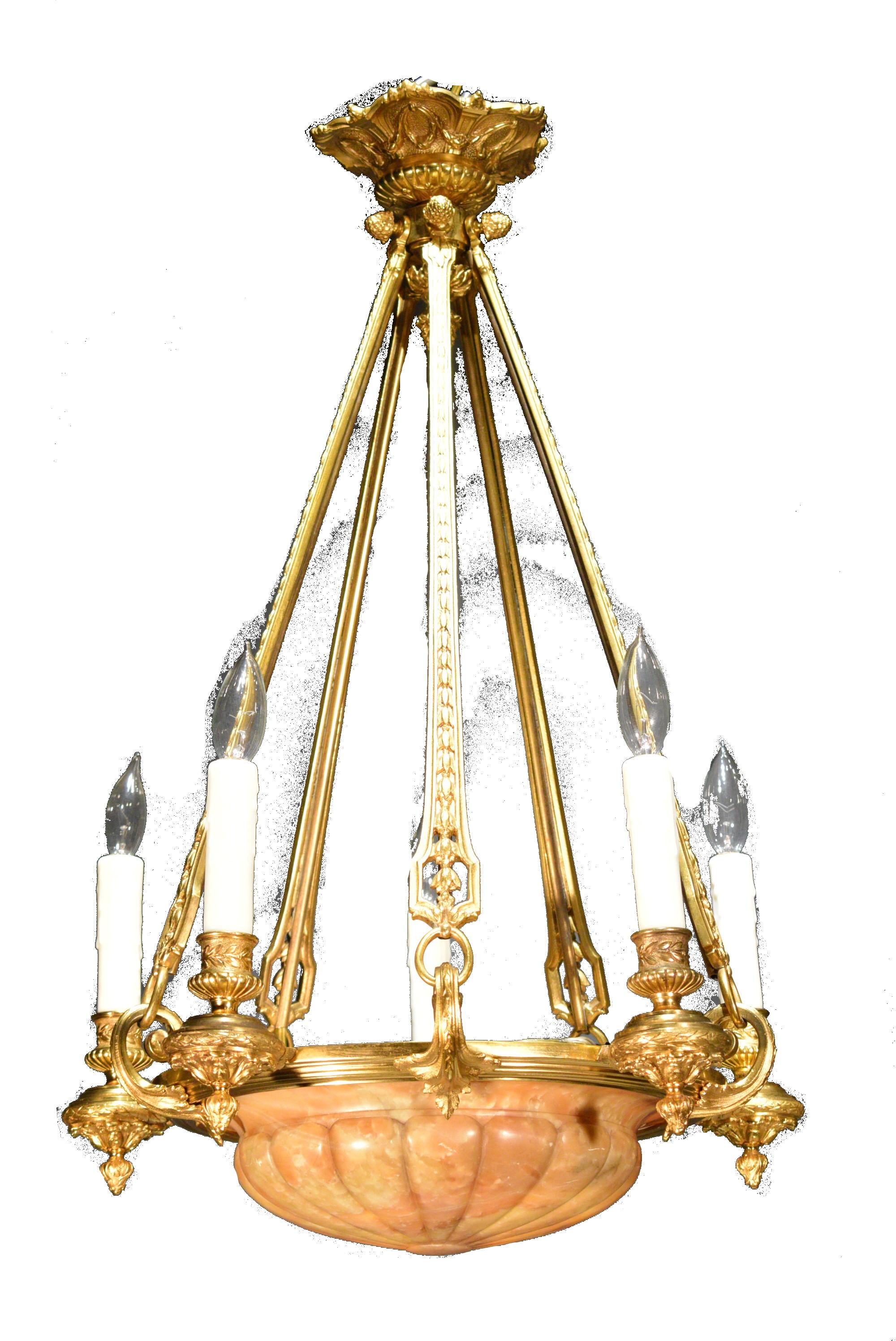 An exquisite gilt bronze pendant. Original gold. Amber color alabaster dome. 
CW4559.