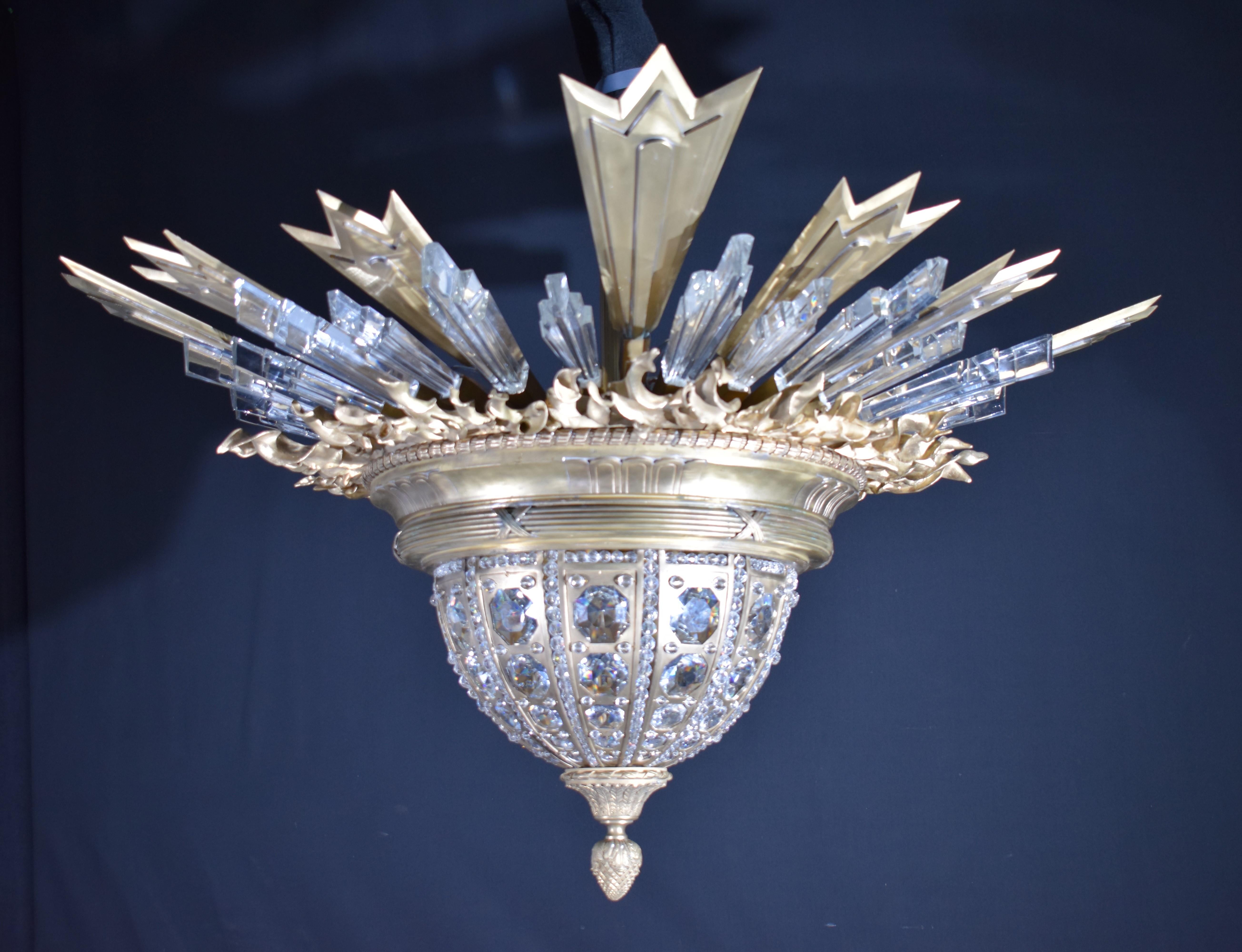 An Exquisite Gilt Bronze & Crystal Pendant/Plafonnier by Charles Blanc For Sale 6