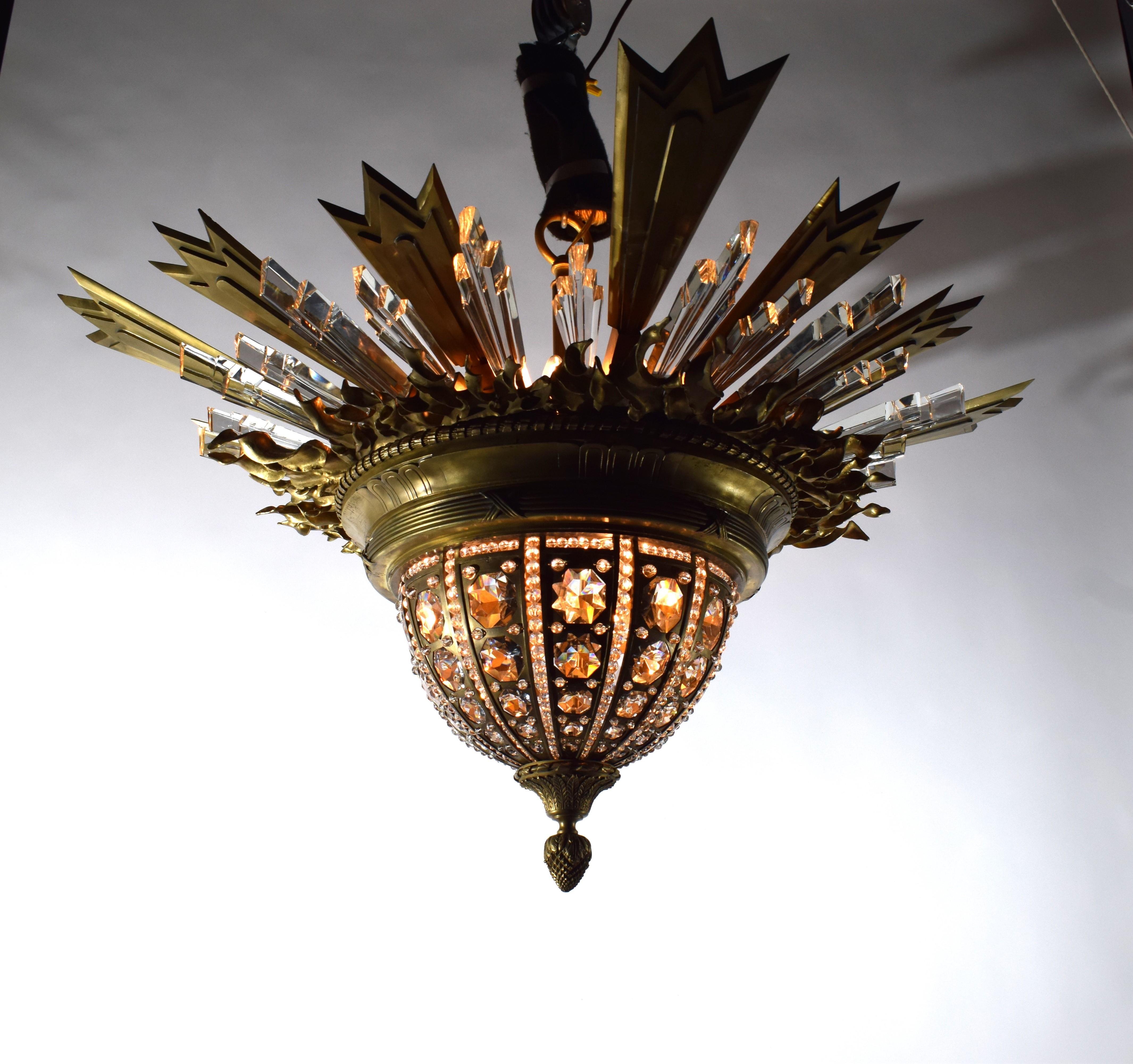 An Exquisite Gilt Bronze & Crystal Pendant/Plafonnier by Charles Blanc For Sale 7